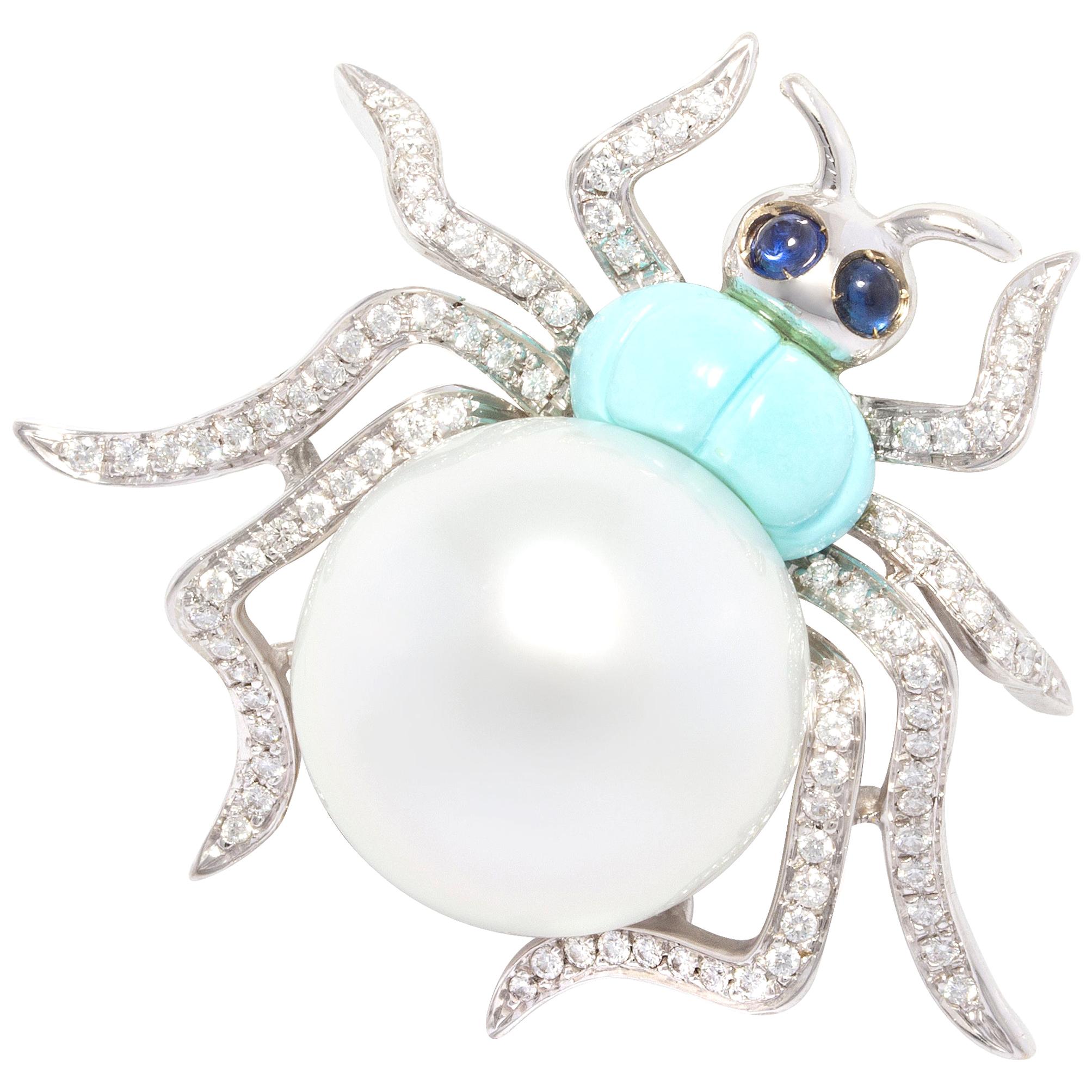 Ella Gafter 18mm Pearl Diamond Spider Brooch Pin For Sale