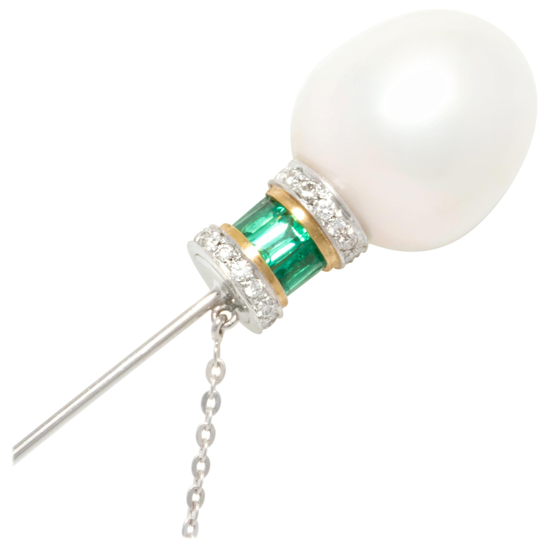 Ella Gafterl Diamond Pearl Emerald Stick Pin For Sale
