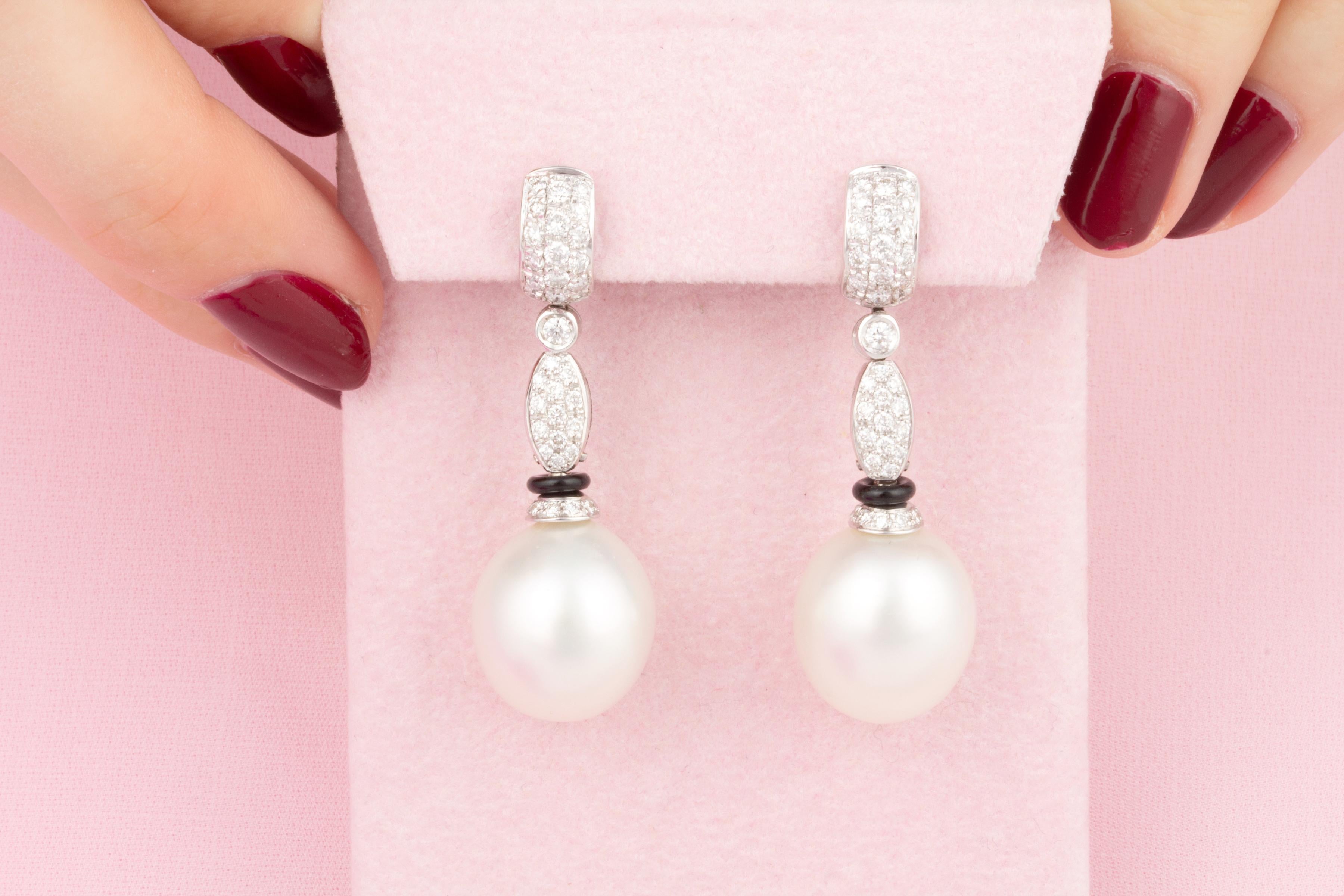 Artist Ella Gafter South Sea Pearl Diamond Onyx Earrings For Sale
