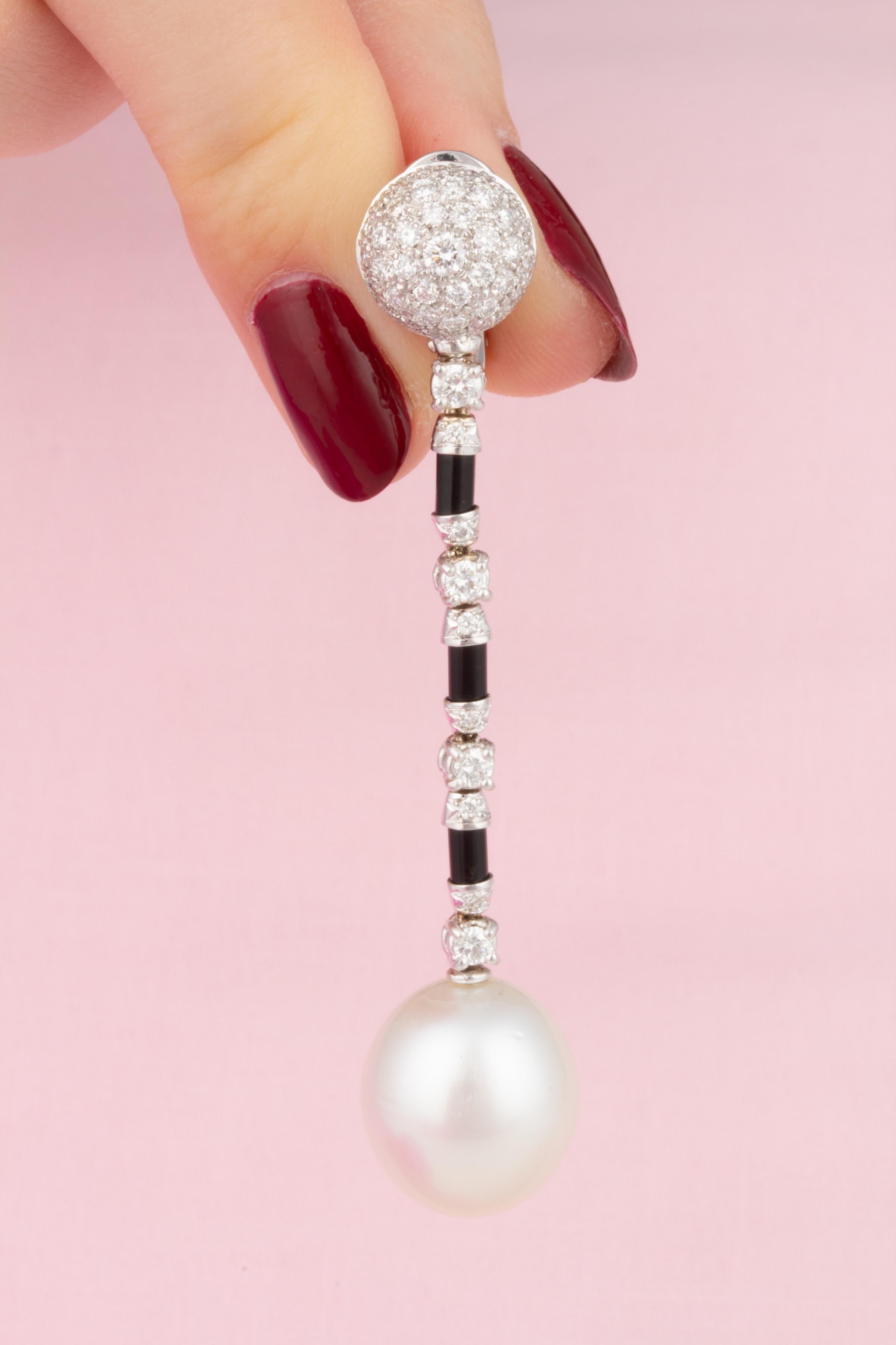 Ella Gafter Art Déco style South Sea Pearl Diamond Drop Earrings For Sale 1