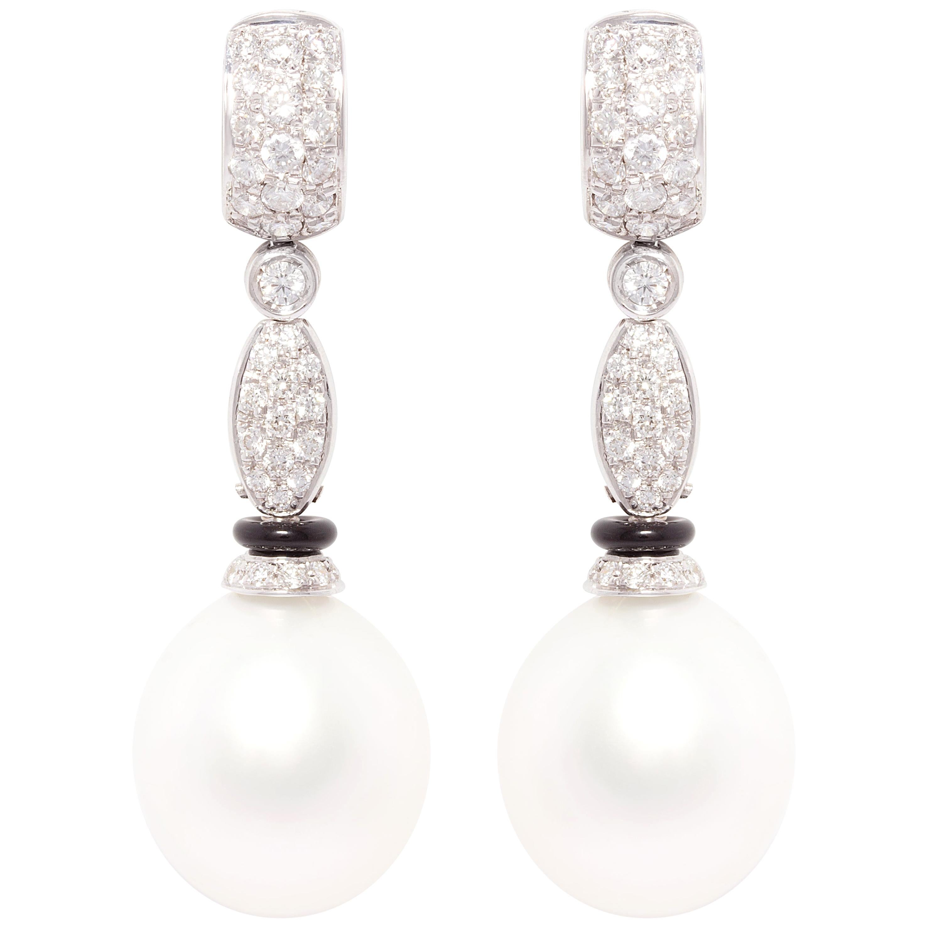 South Sea Pearl Diamond Onyx Drop Earrings Déco Design by Ella Gafter
