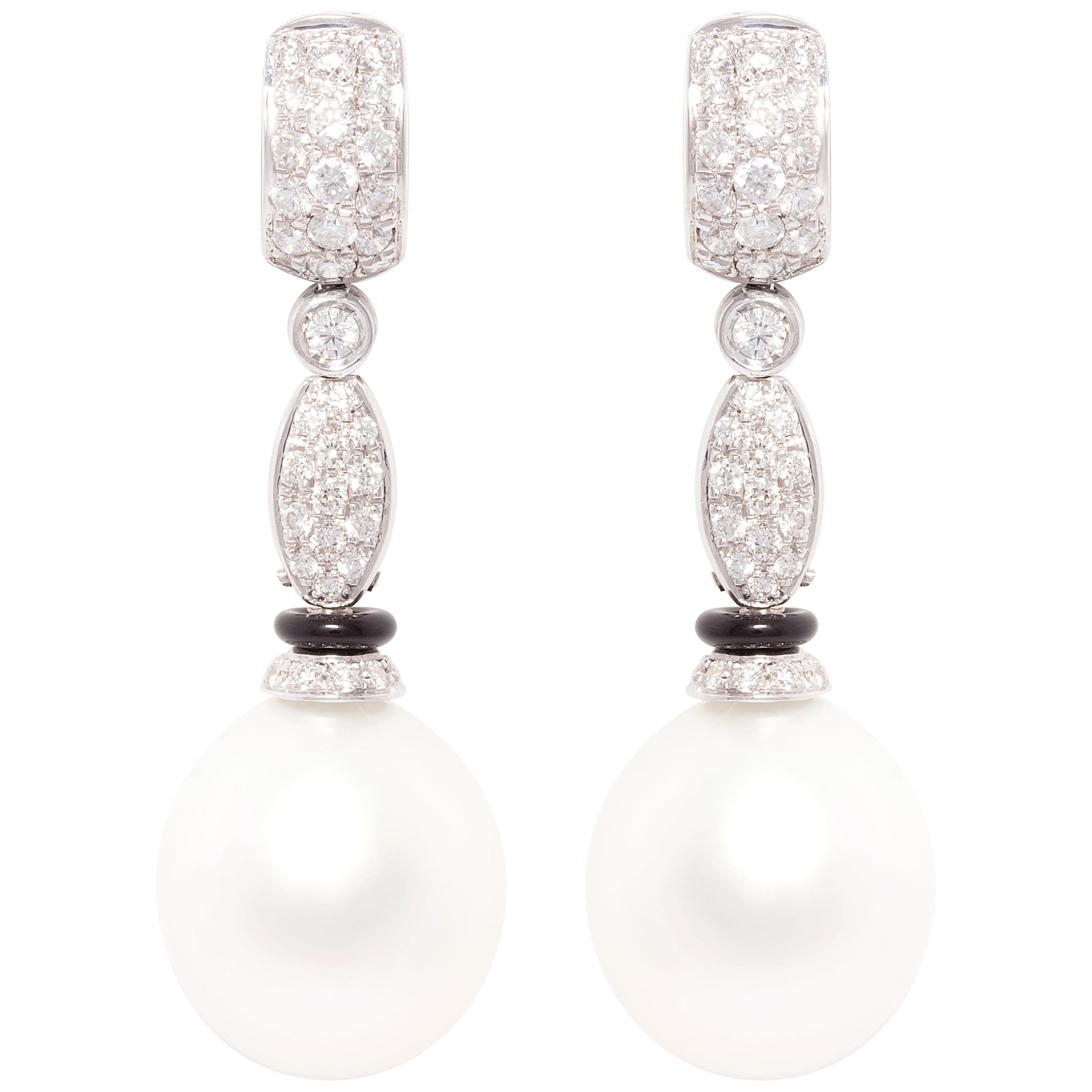 Ella Gafter South Sea Pearl Diamond Onyx Earrings For Sale