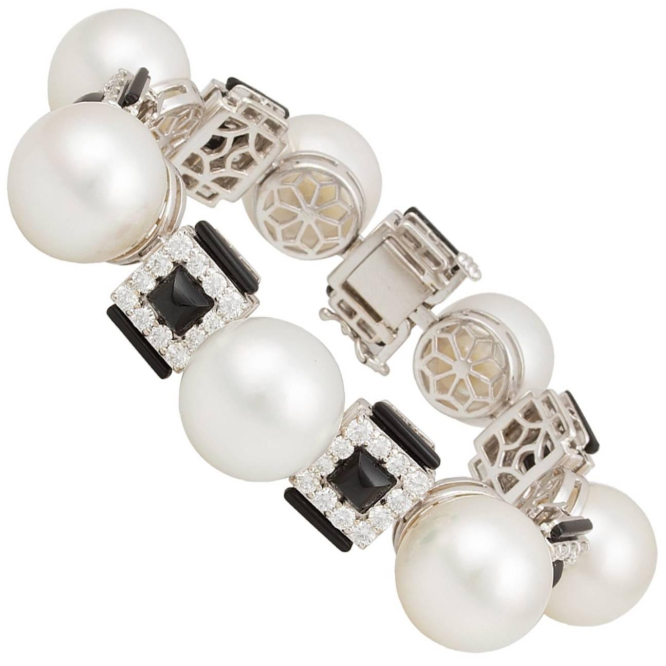 South Sea Pearl and Diamond Cuff Bracelet Art Déco Design by Ella Gafter