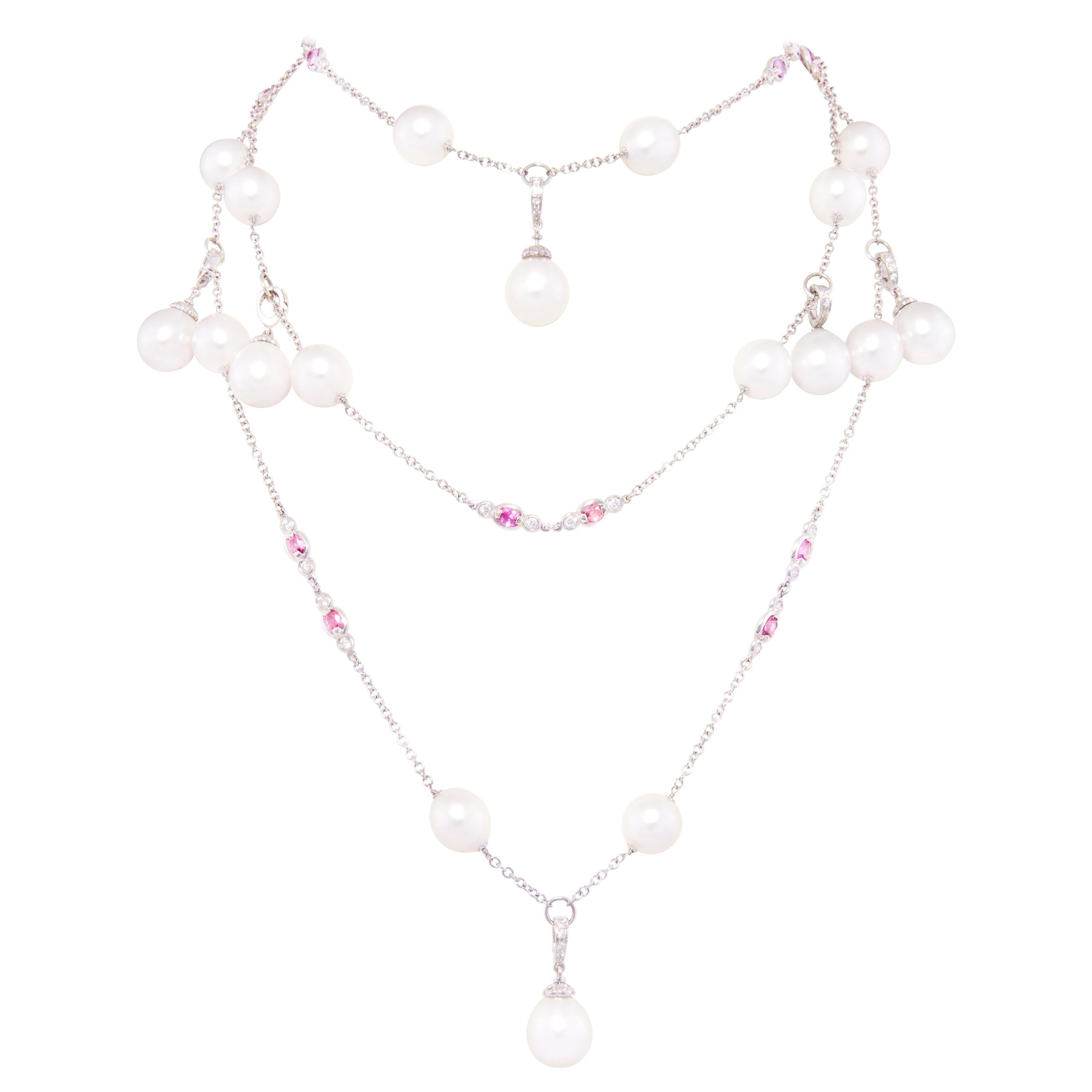 A one-of-a-kind necklace designed by Ella Gafter featuring 27 South Sea pearls accented by diamonds and pink sapphires.