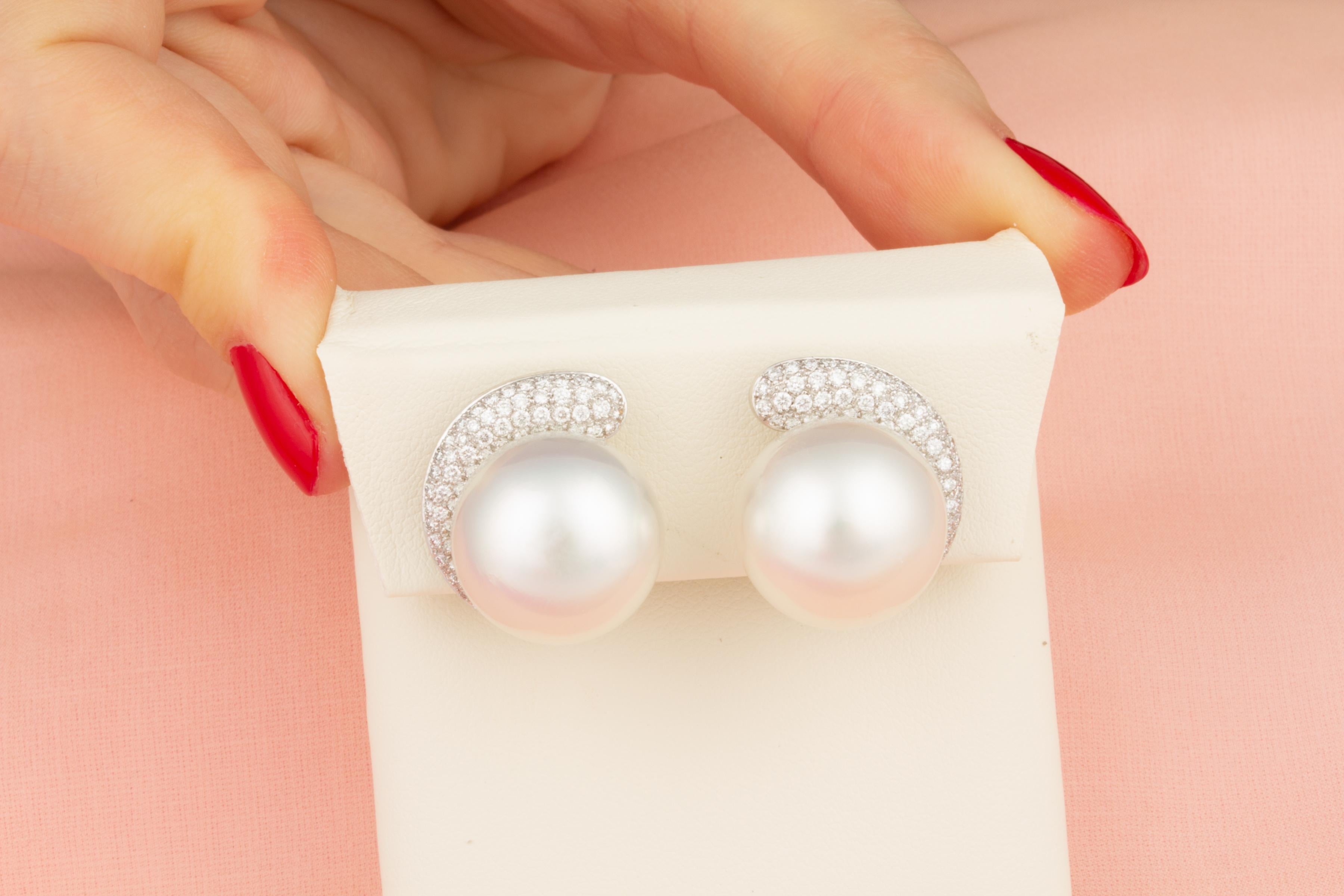 Artist Ella Gafter South Sea Pearl Diamond Clip on Crescent Earrings For Sale