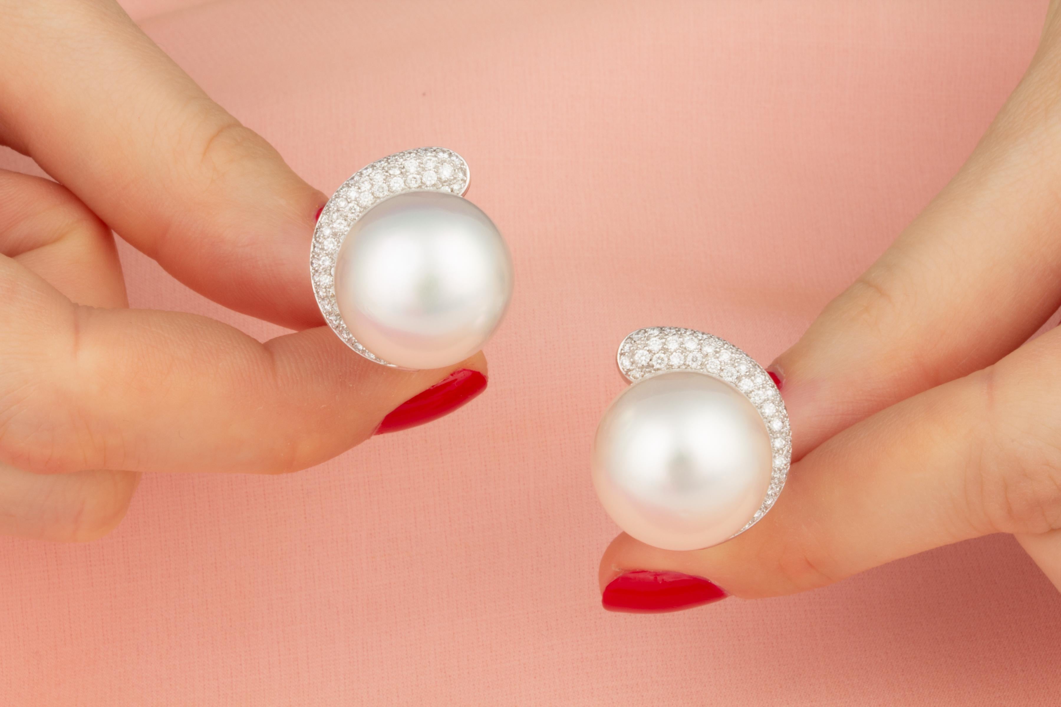 Brilliant Cut South Sea Pearl 17mm Diamond Clip On Earrings Crescent Design by Ella Gafter For Sale