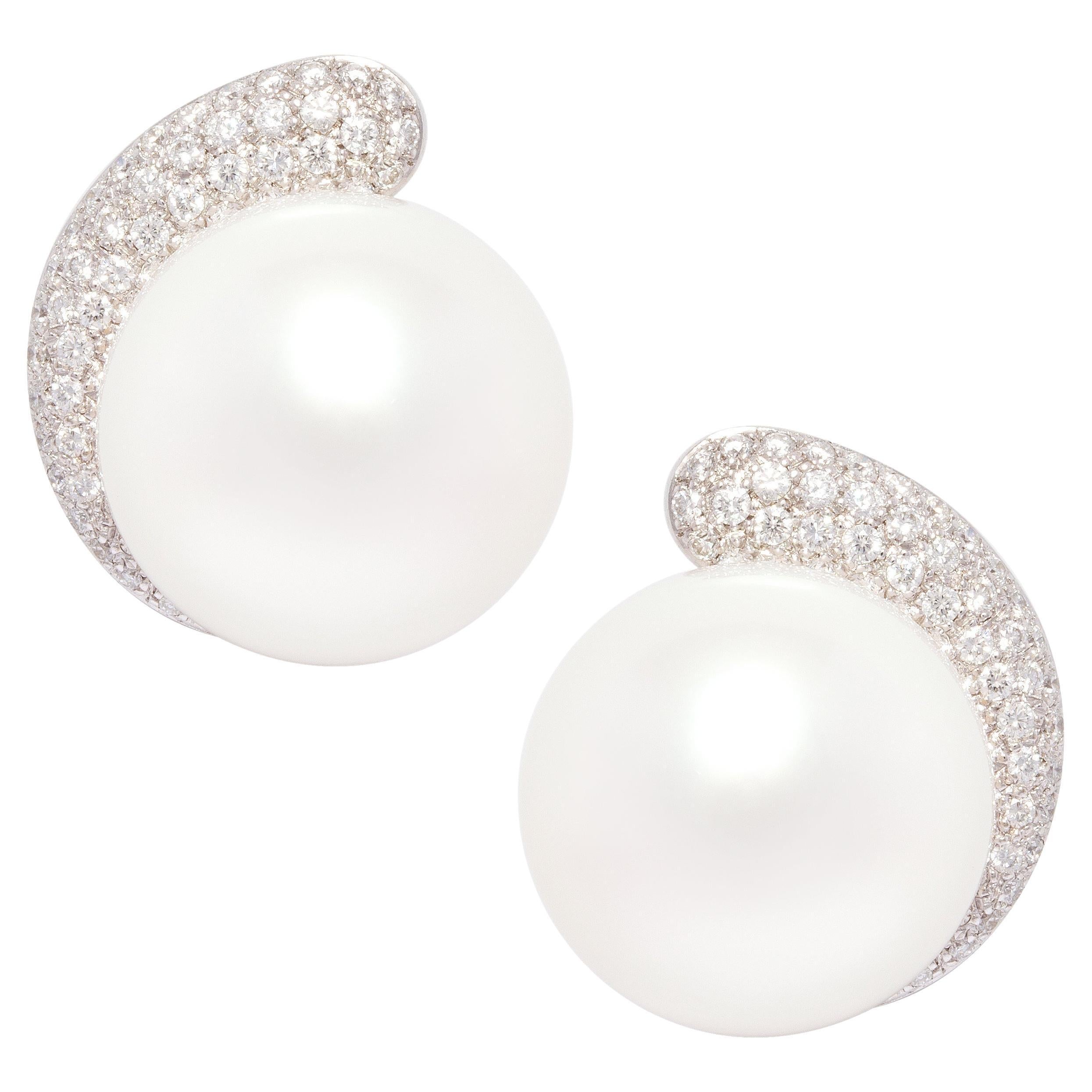 Ella Gafter South Sea Pearl Diamond Clip on Crescent Earrings For Sale