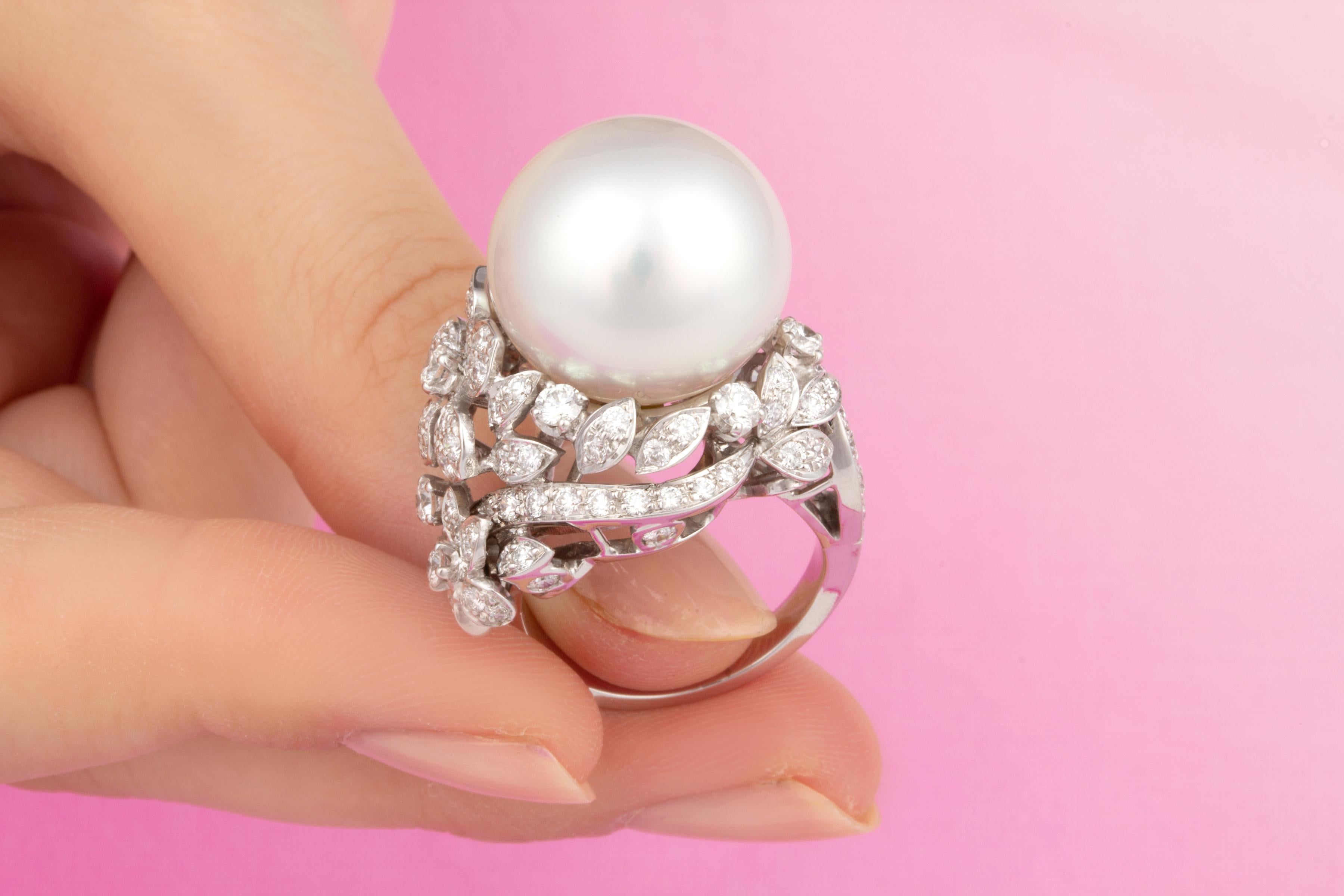 Artist South Sea Pearl And Diamond Cocktail Ring Floral Design by Ella Gafter For Sale