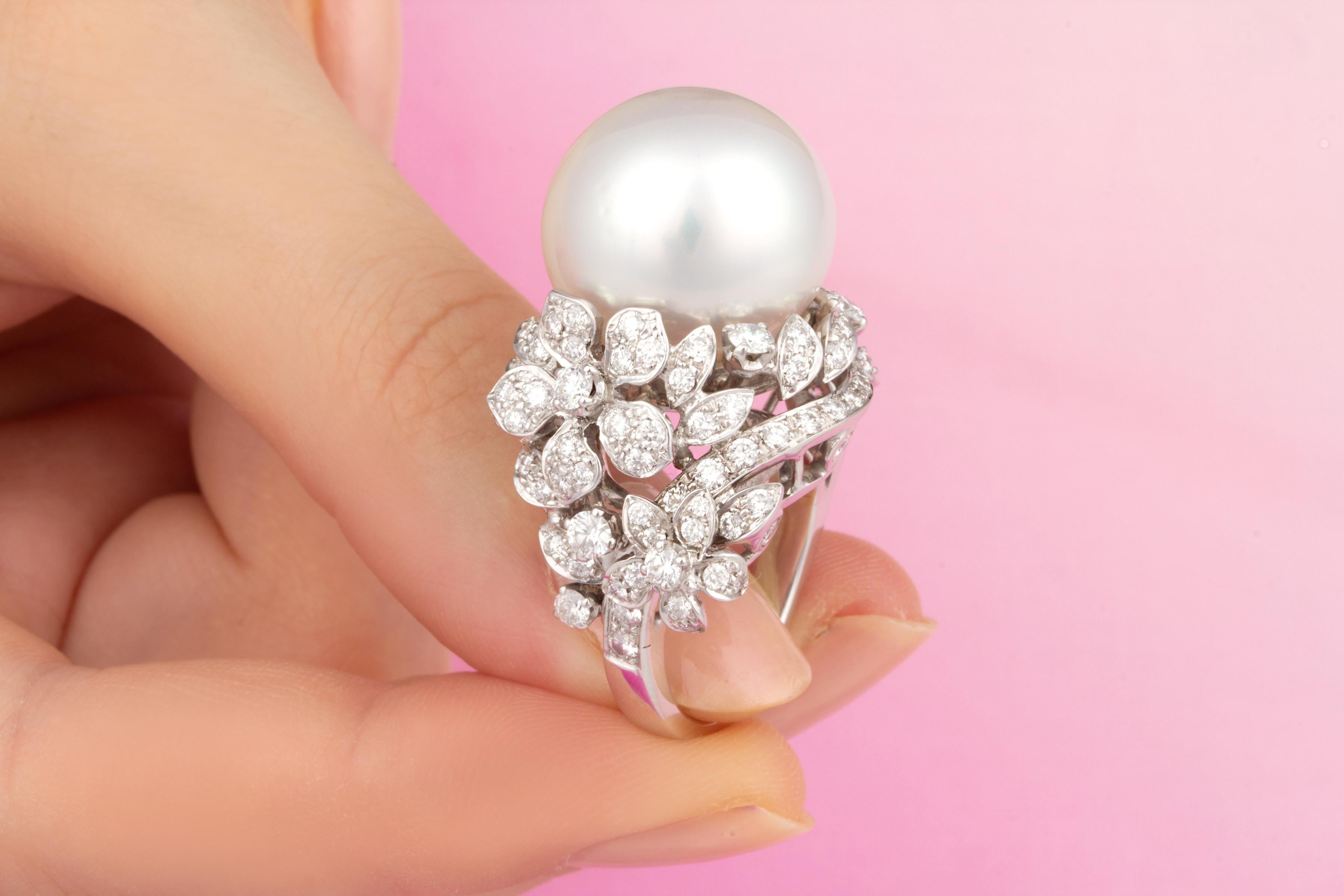 Brilliant Cut Ella Gafter South Sea Pearl Diamond Cocktail Ring For Sale