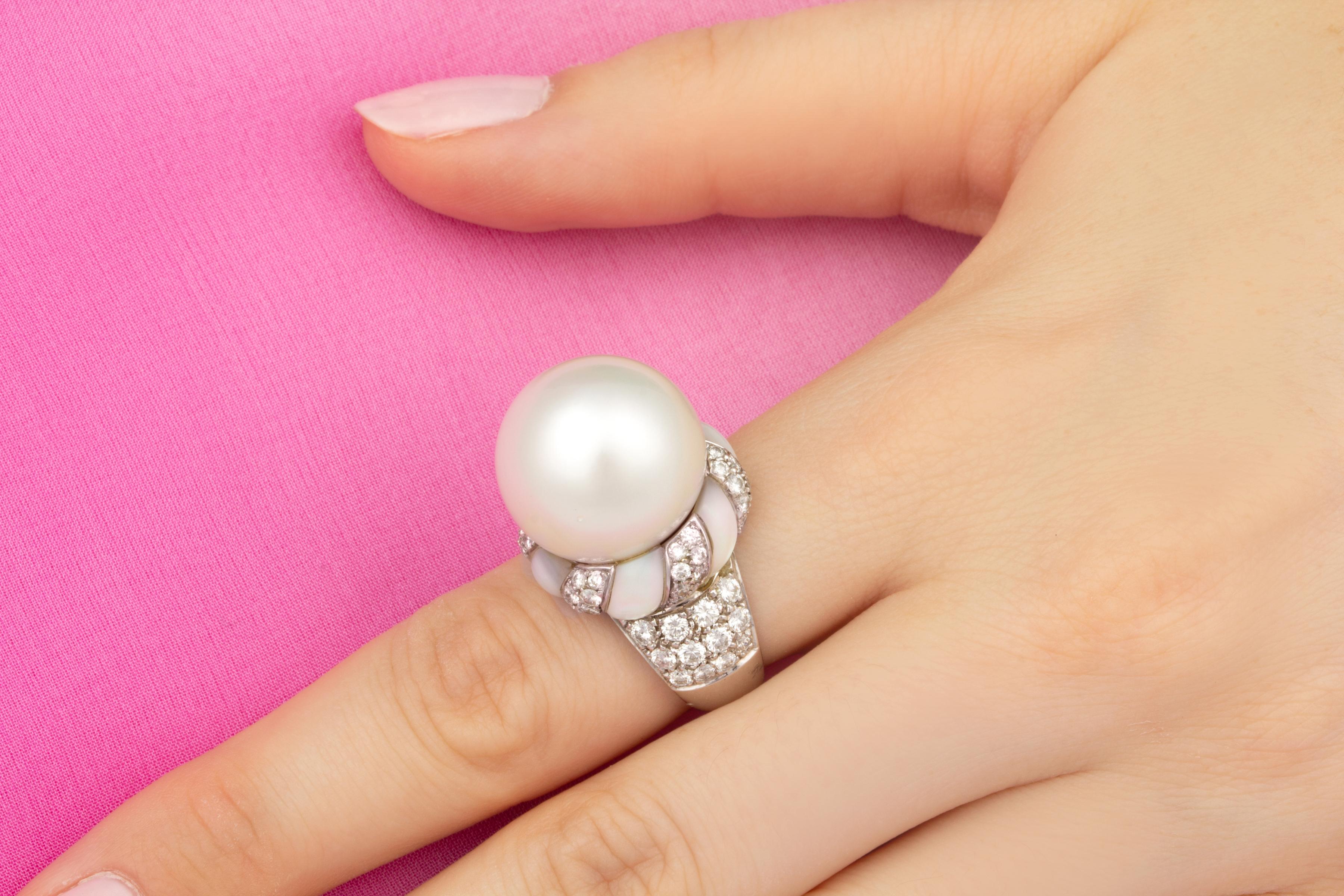 Round Cut Ella Gafter South Sea Pearl Diamond Cocktail Ring For Sale