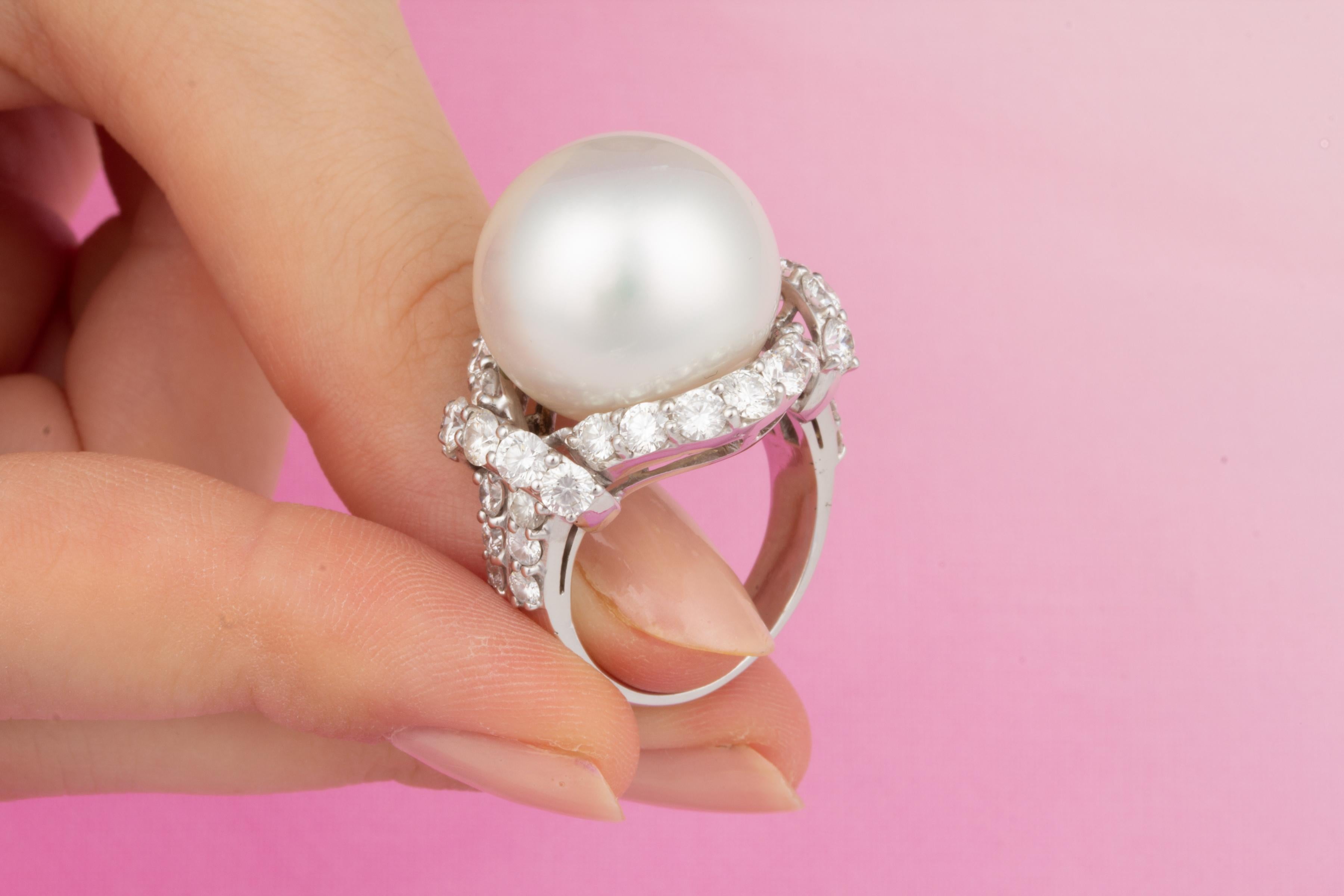 Brilliant Cut Ella Gafter South Sea Pearl Diamond Cocktail Ring For Sale