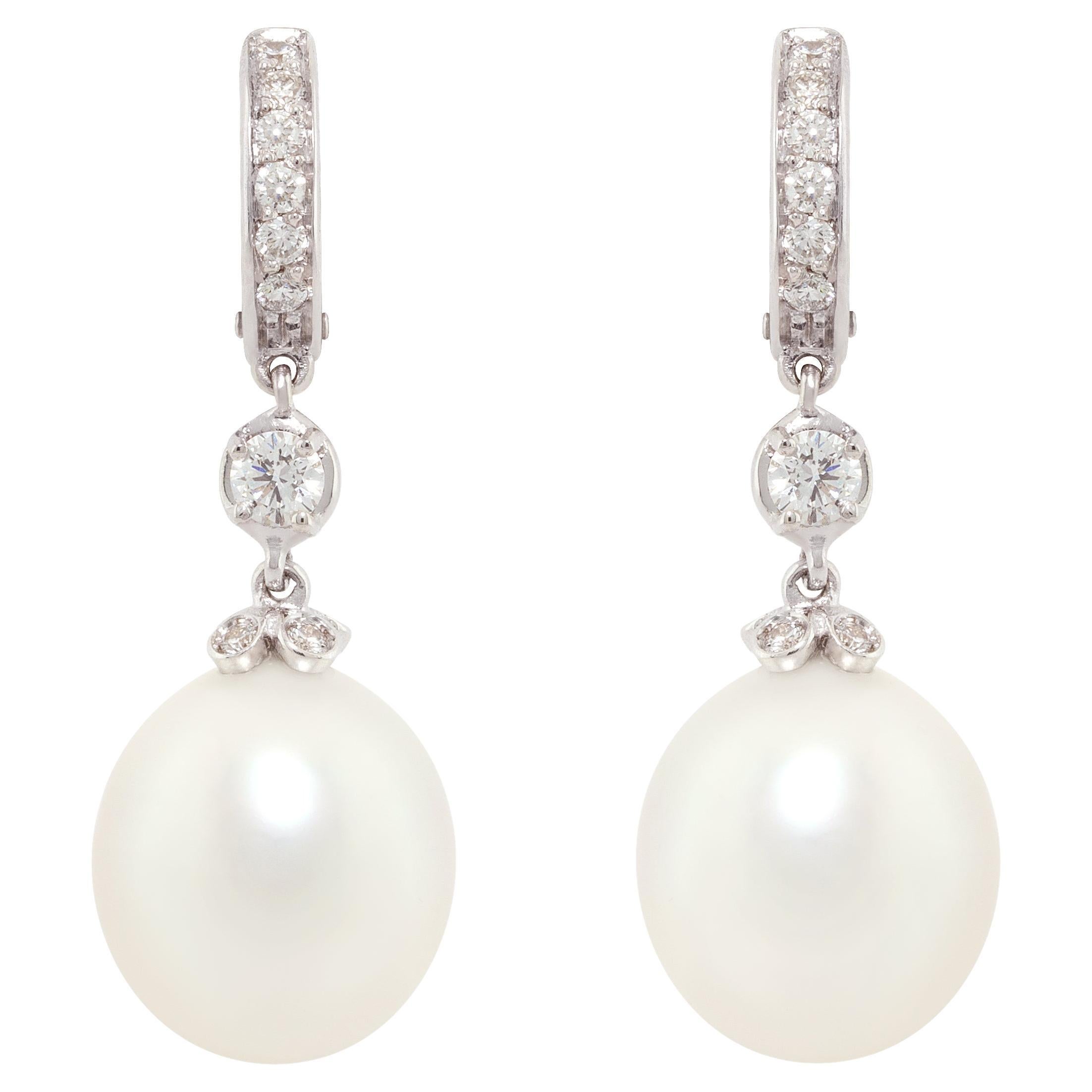 Ella Gafter South Sea Pearl Diamond Drop Hoop Earrings For Sale