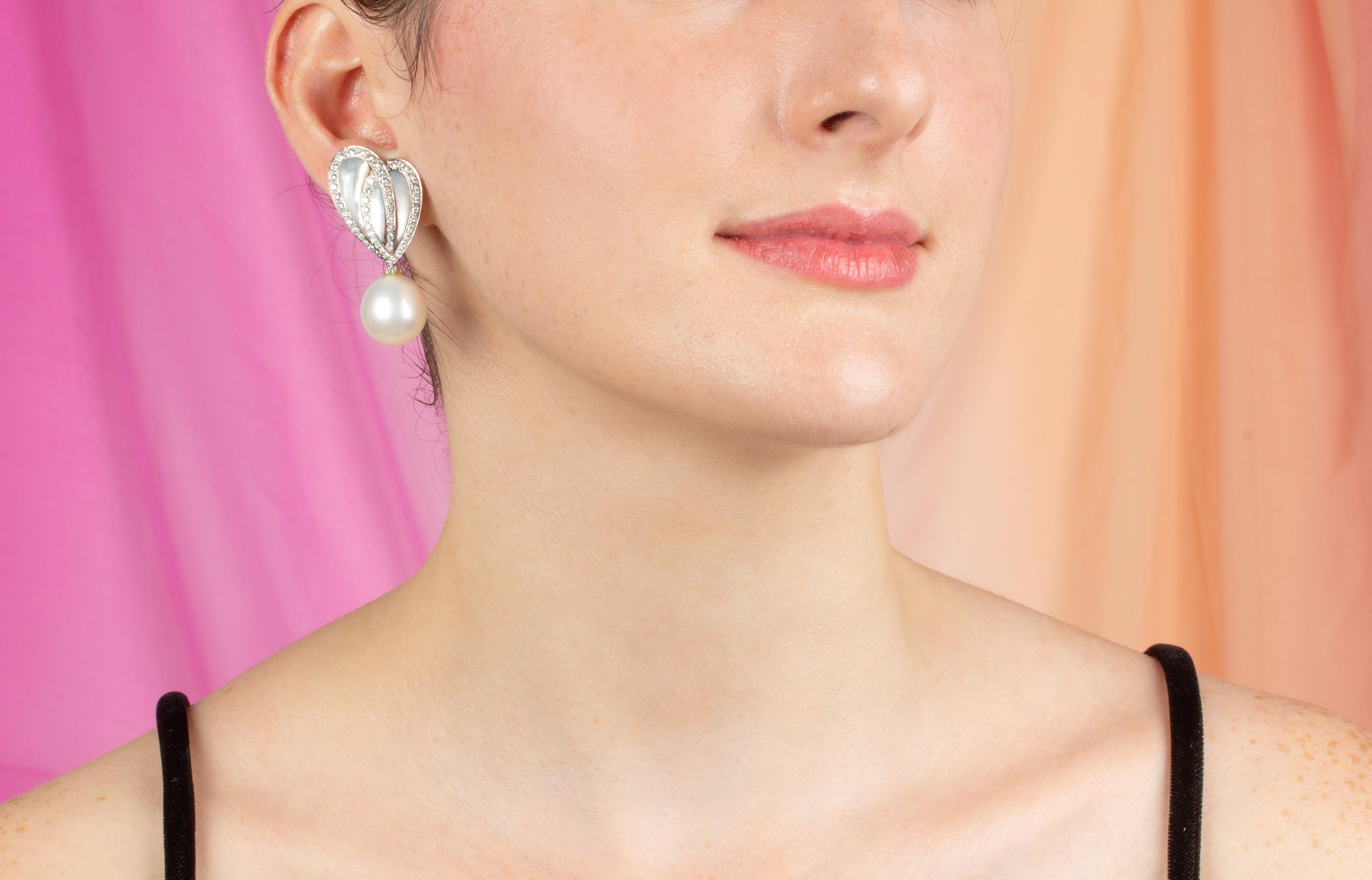 Brilliant Cut Ella Gafter South Sea Pearl Diamond Earrings For Sale