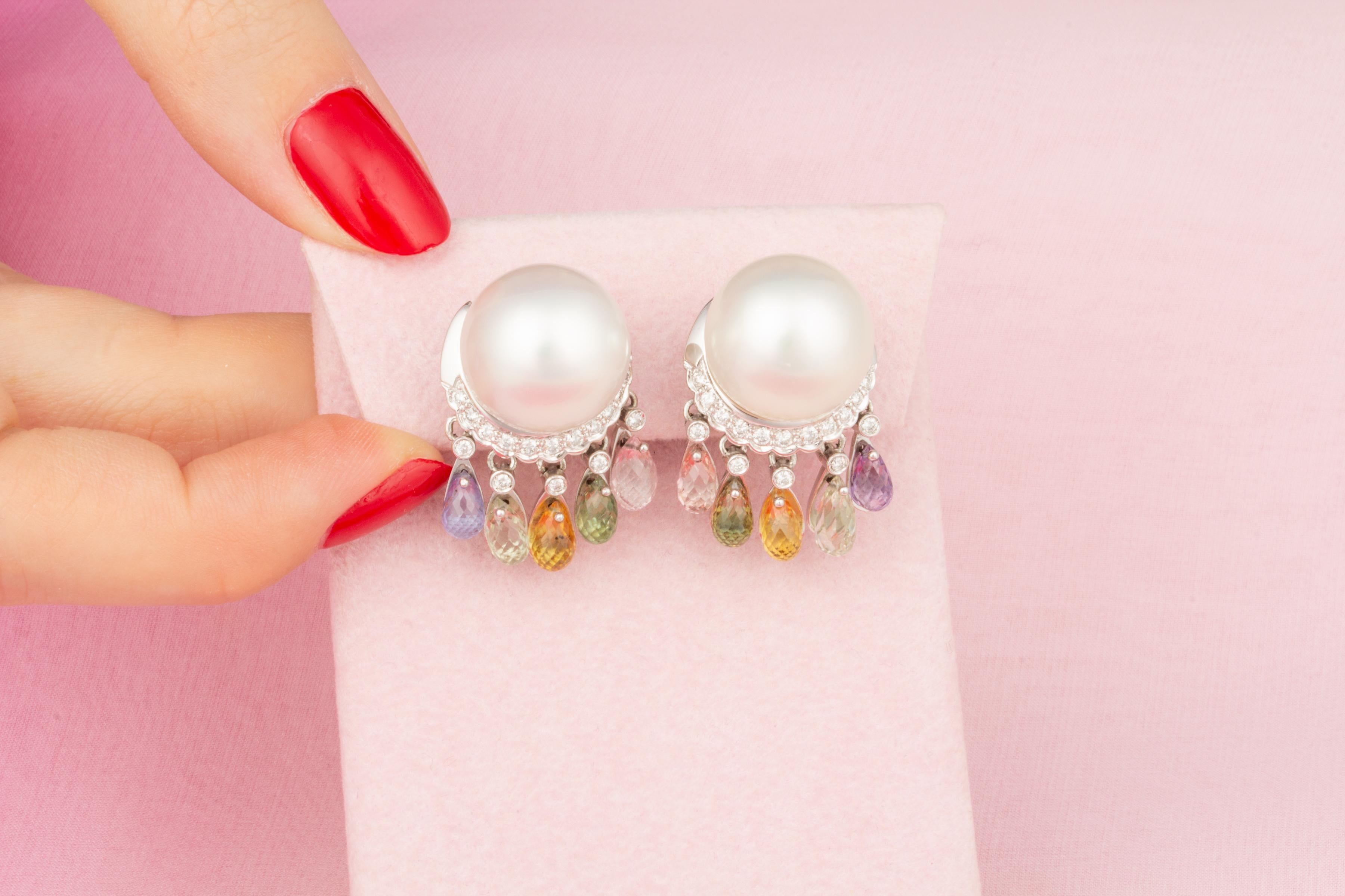 Artist Ella Gafter Pearl Sapphire Briolette Diamond Earrings For Sale