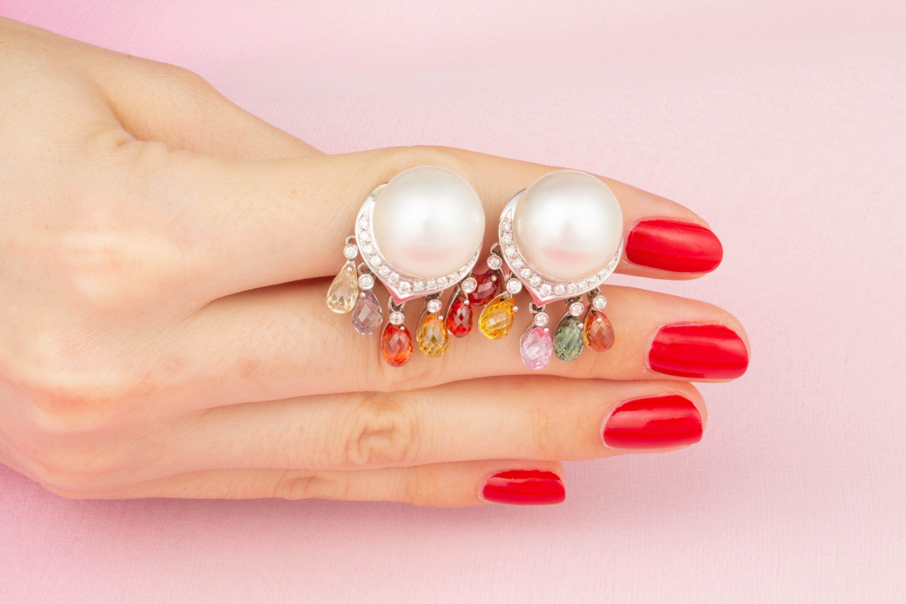 Briolette Cut Ella Gafter South Sea Pearl Diamond Sapphire Earrings For Sale