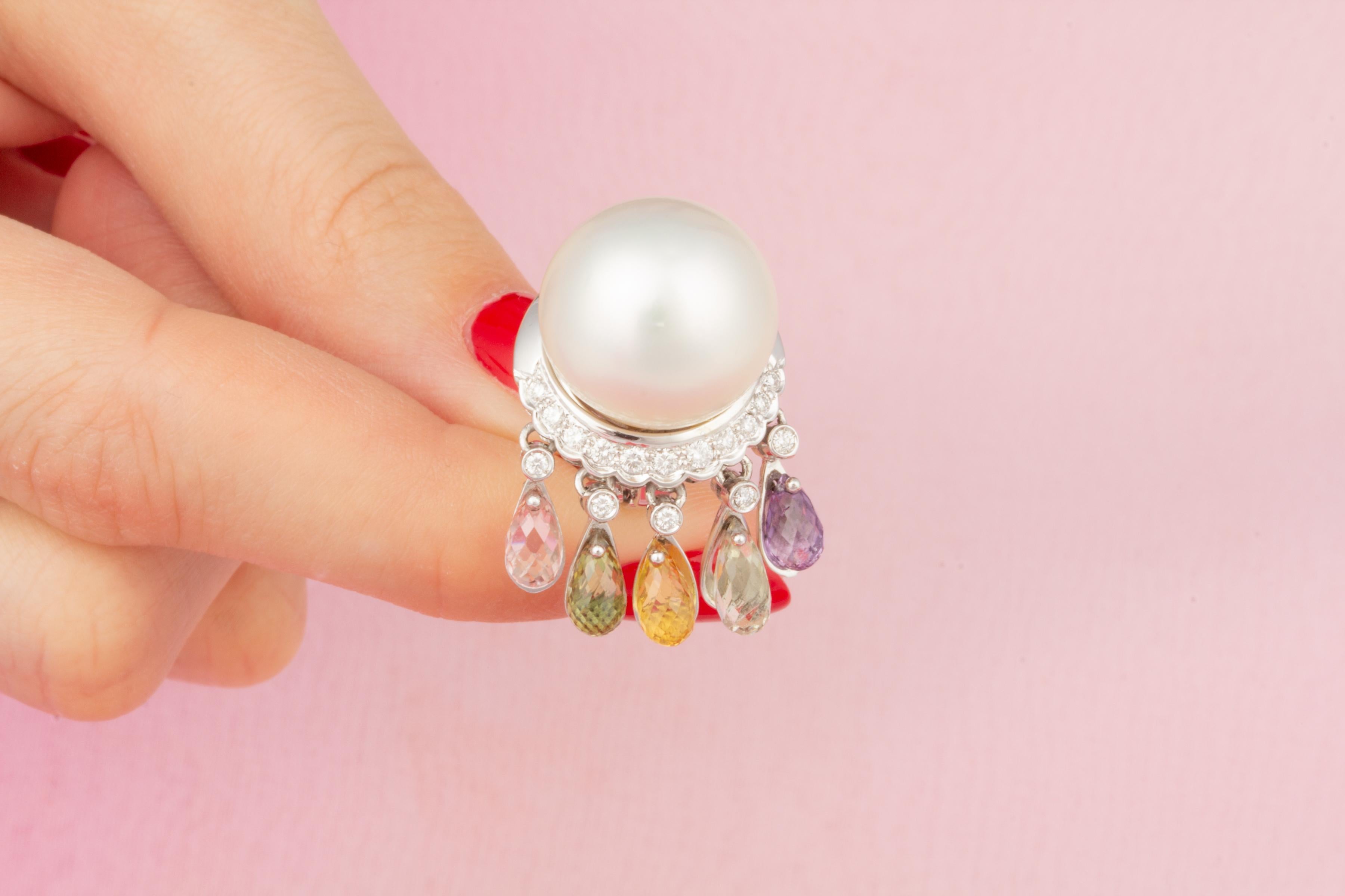 South Sea Pearl Sapphire Diamond Clip On Earrings Design by Ella Gafter In New Condition For Sale In New York, NY