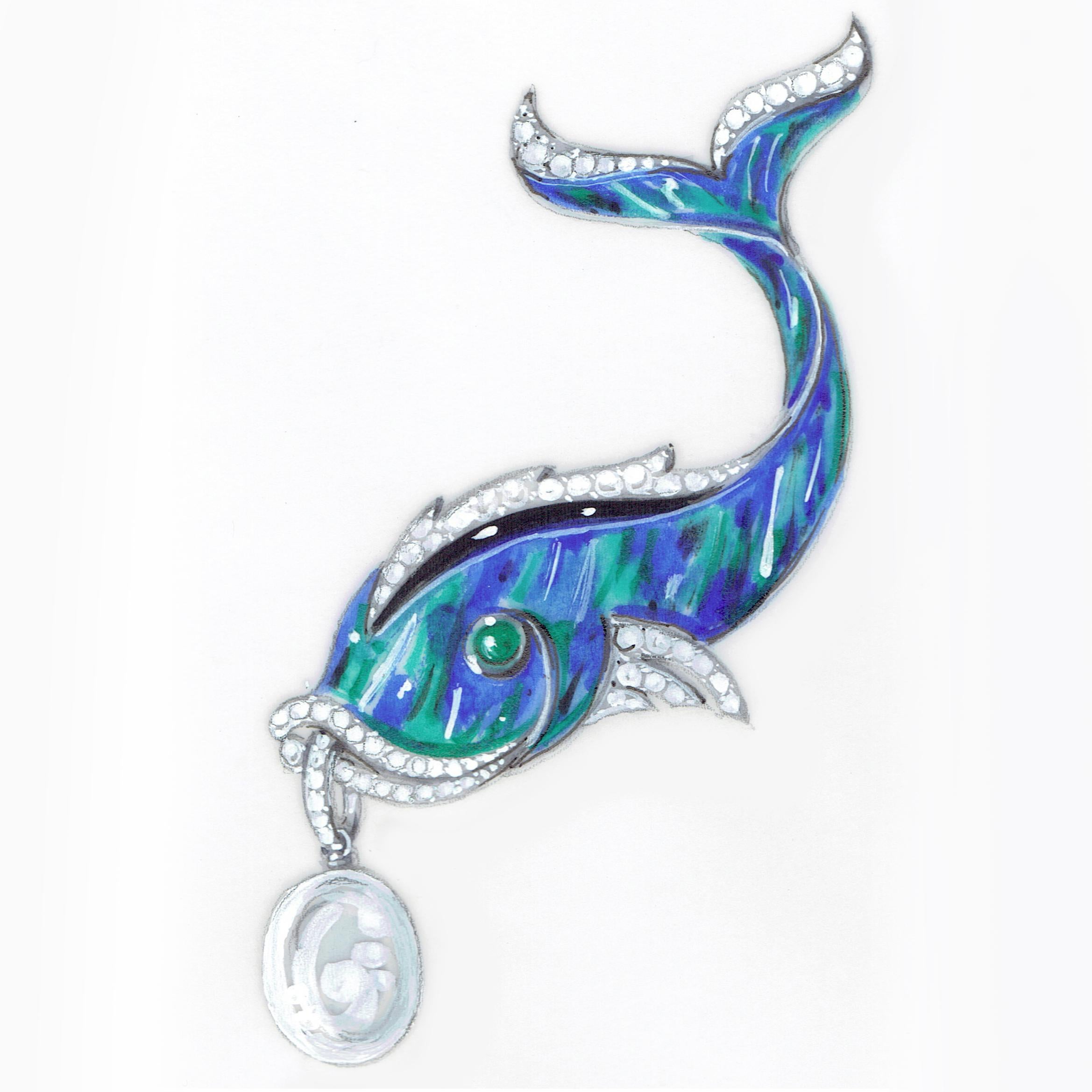 Ella Gafter Diamond Pearl Emerald Fish Pin Brooch  For Sale 3