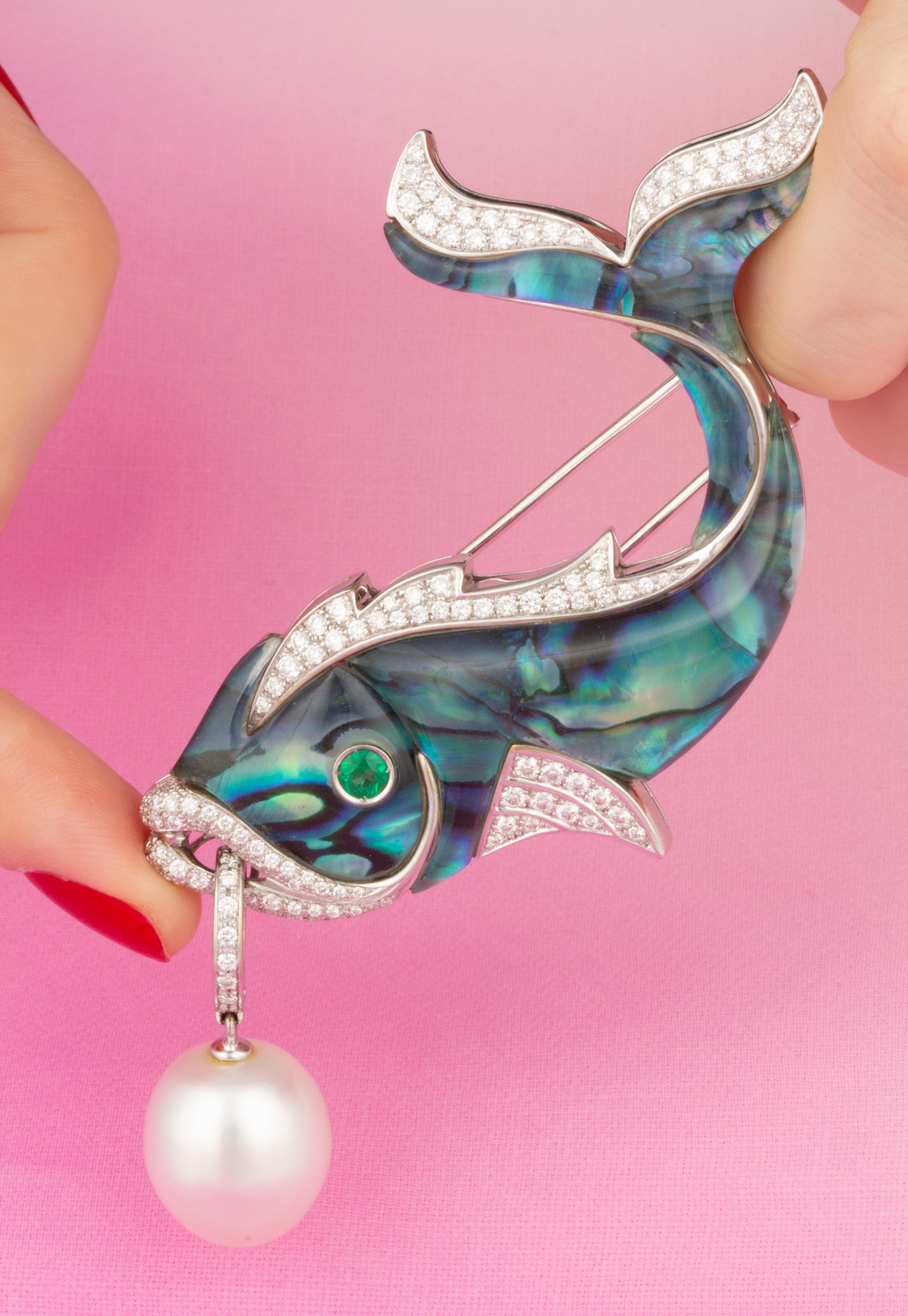 Artist Fish Brooch Pin Diamonds South Sea Pearl Emerald Design by Ella Gafter For Sale