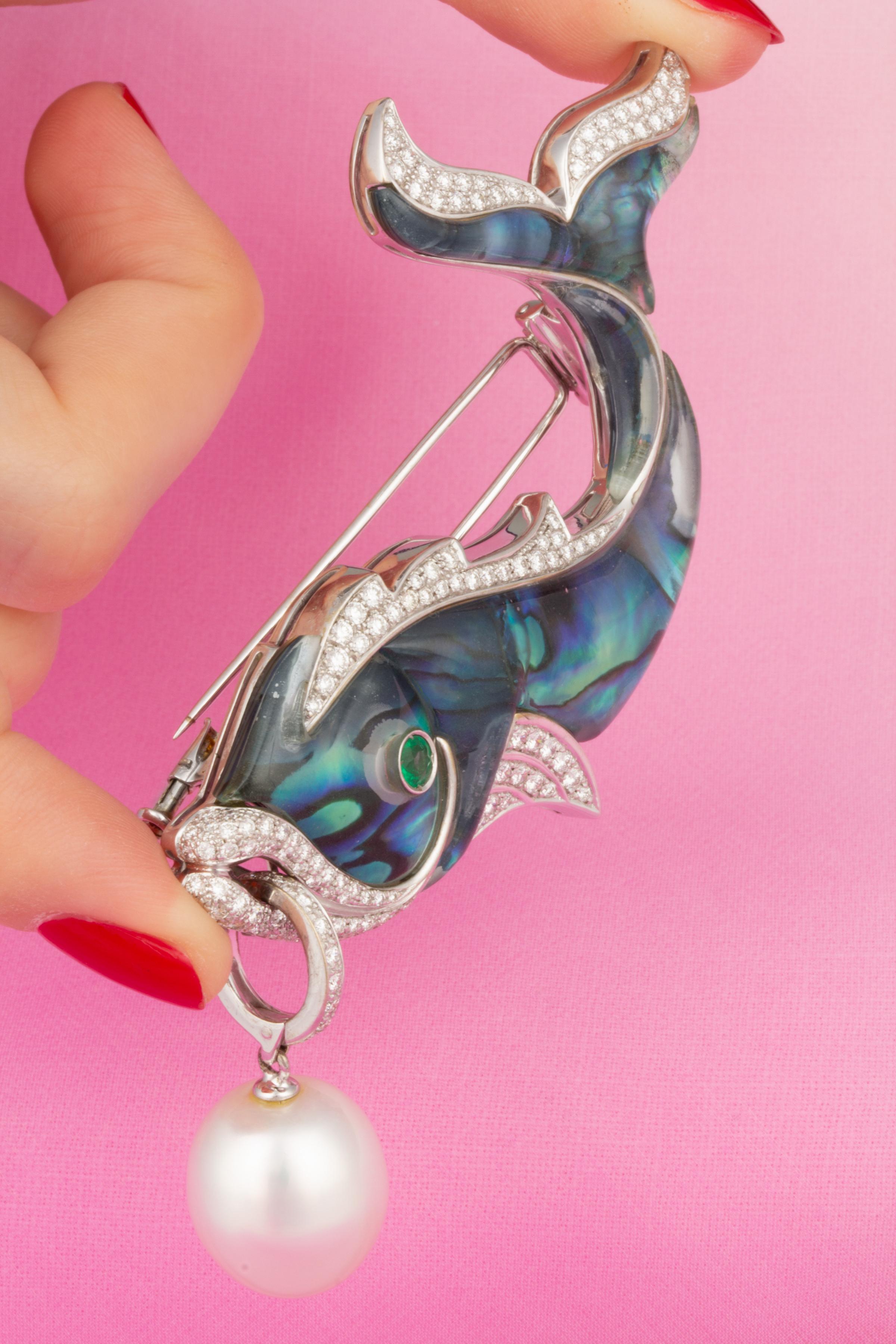 Round Cut Ella Gafter Diamond Pearl Emerald Fish Pin Brooch  For Sale
