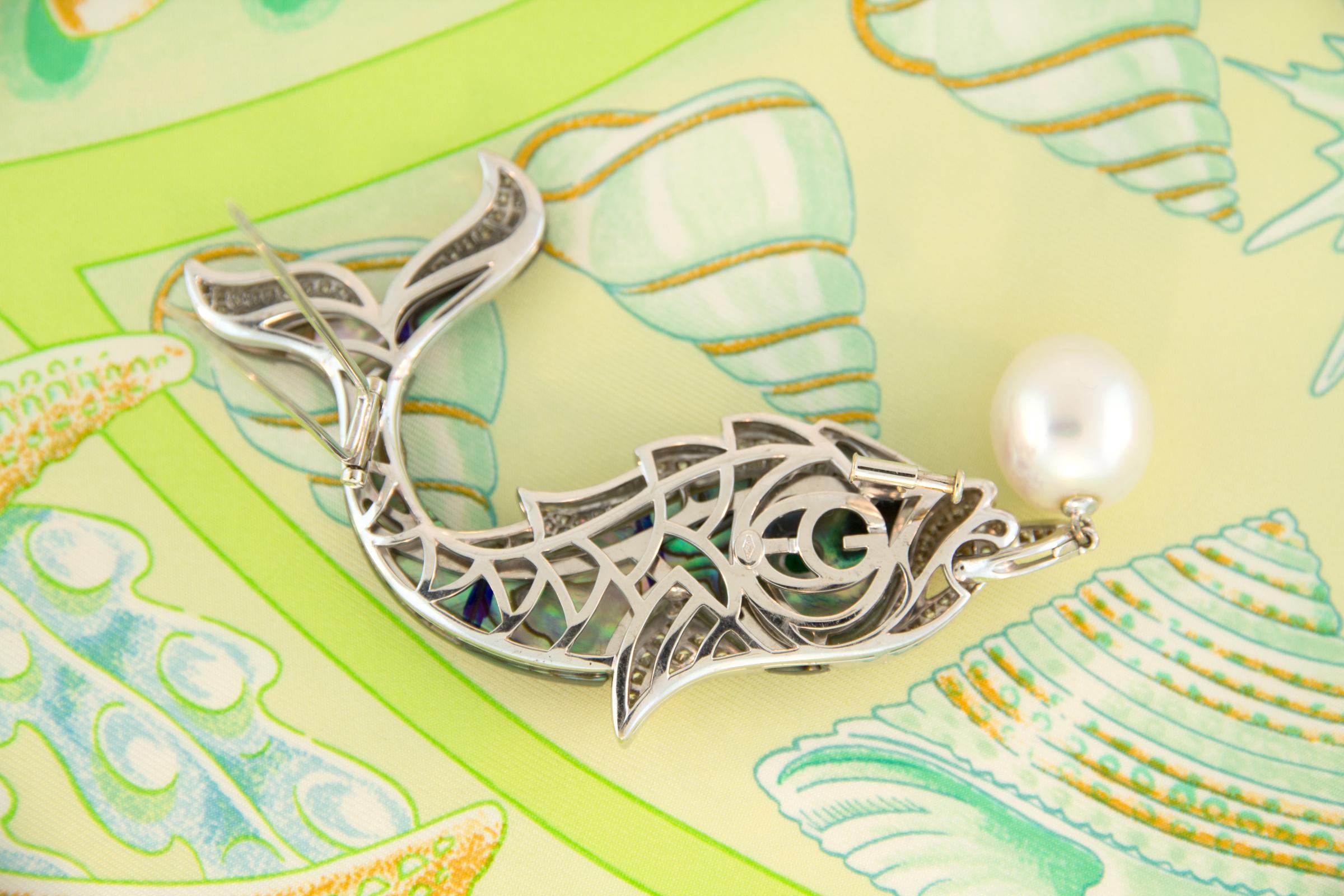 Fish Brooch Pin Diamonds South Sea Pearl Emerald Design by Ella Gafter For Sale 2