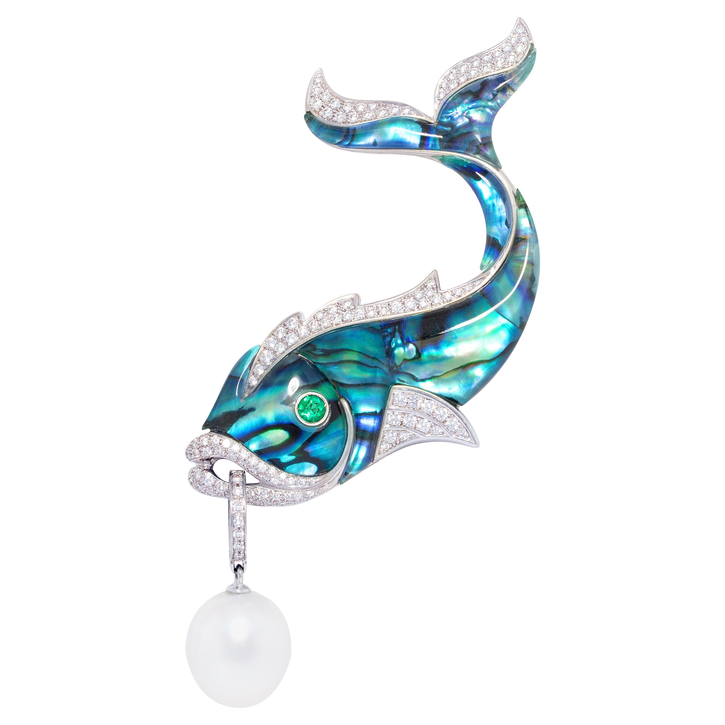 Ella Gafter Diamond Pearl Emerald Fish Pin Brooch  For Sale