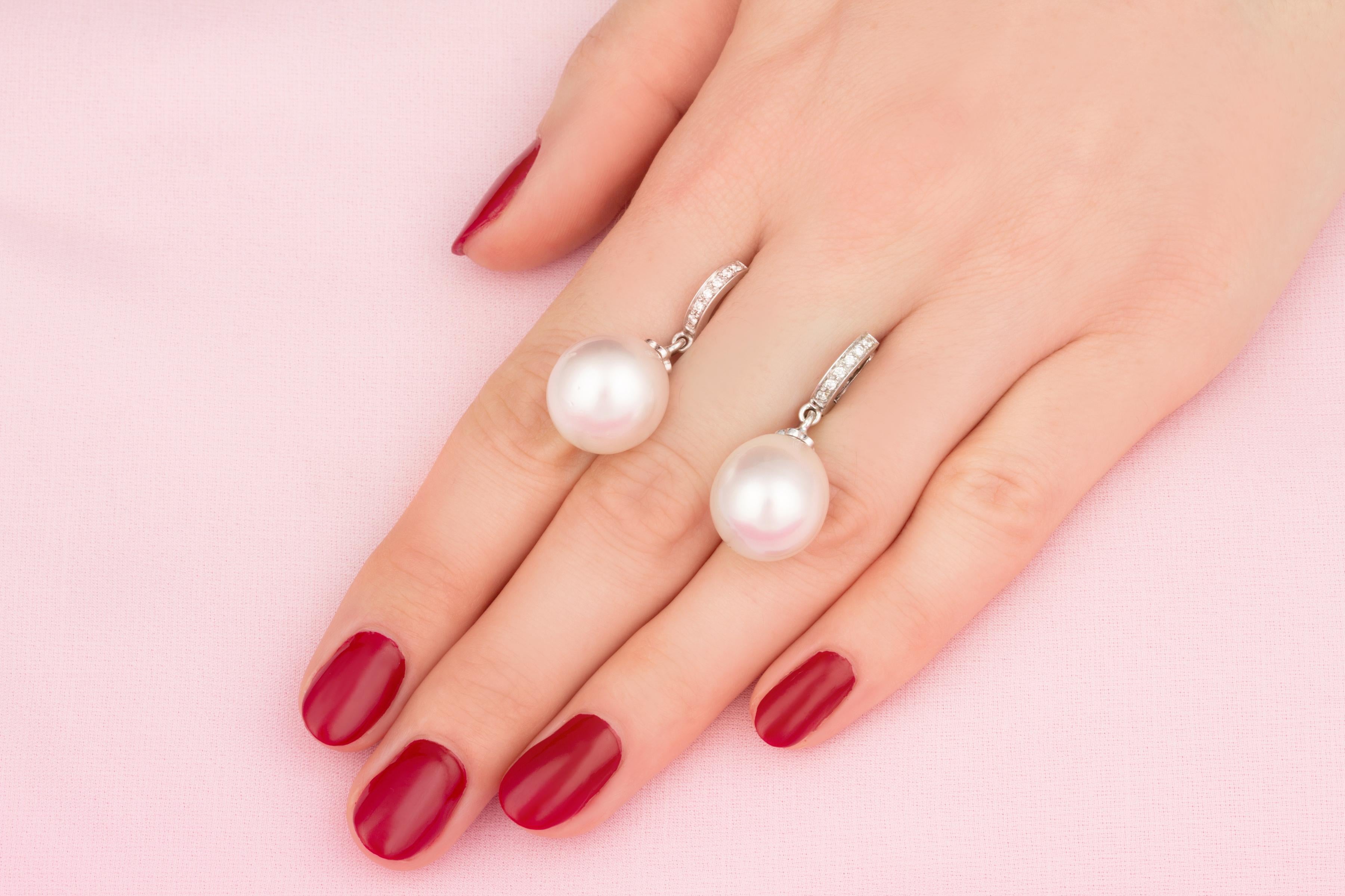 Brilliant Cut South Sea Pearl Drop Earrings Diamond Hoop Design by Ella Gafter For Sale