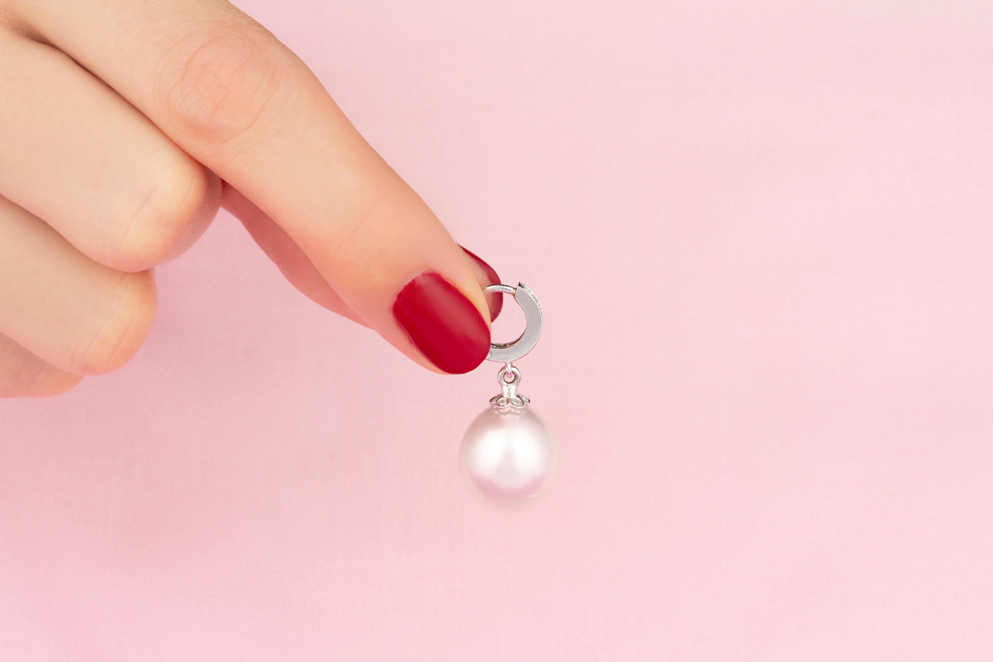 Women's South Sea Pearl Drop Earrings Diamond Hoop Design by Ella Gafter For Sale