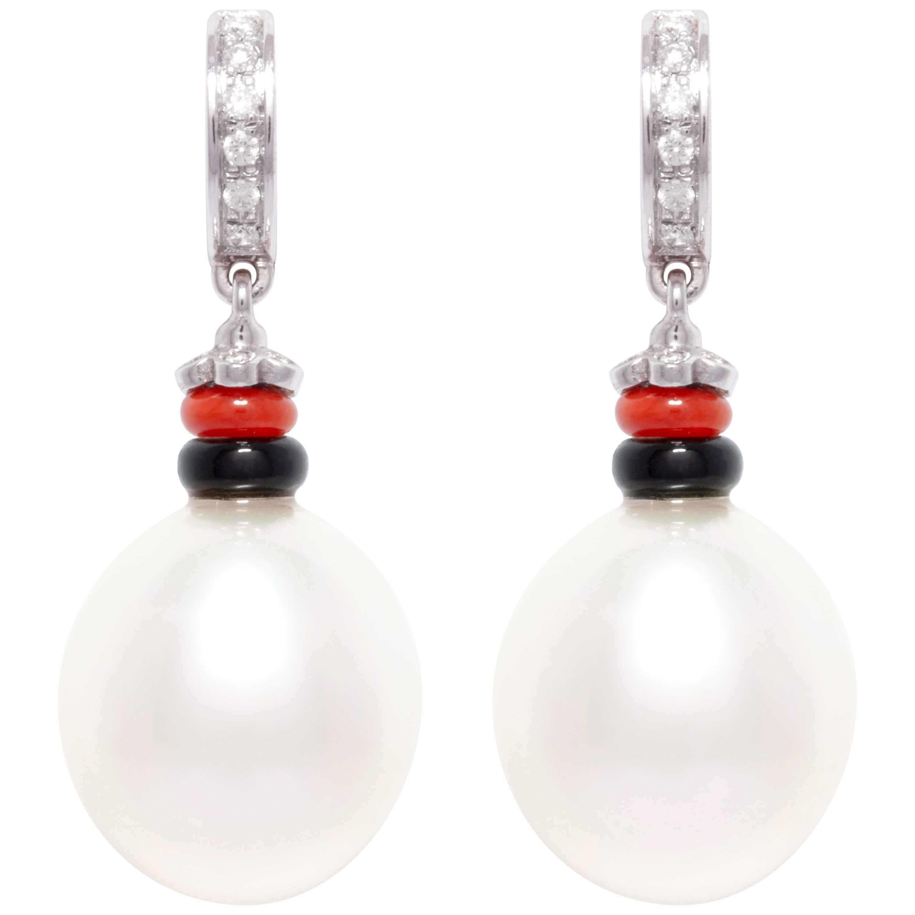 Ella Gafter South Sea Pearl Diamond Onyx Coral  Hoop Earrings  For Sale