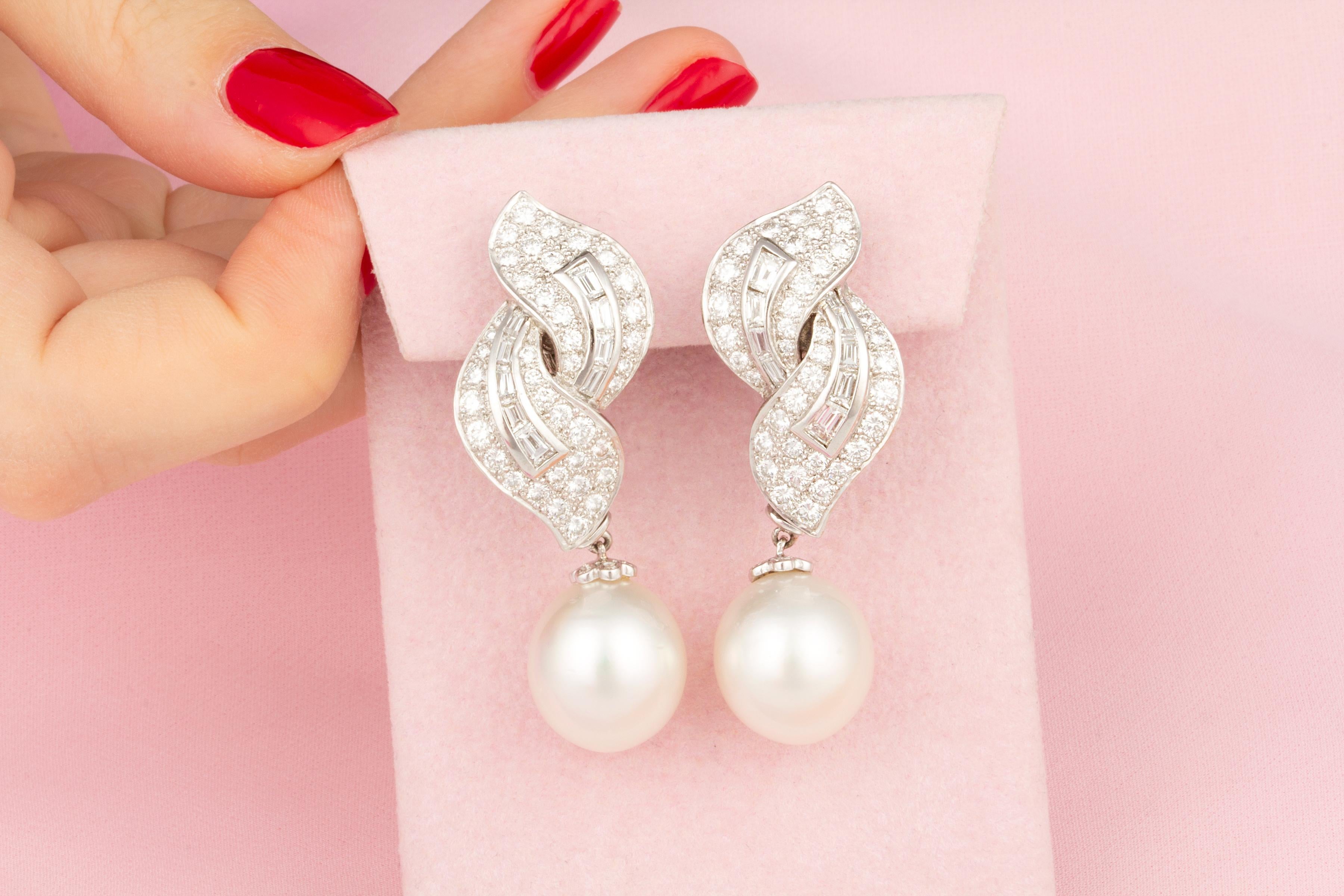 Baguette Cut Ella Gafter South Sea Pearl Diamond Leaf Earrings For Sale