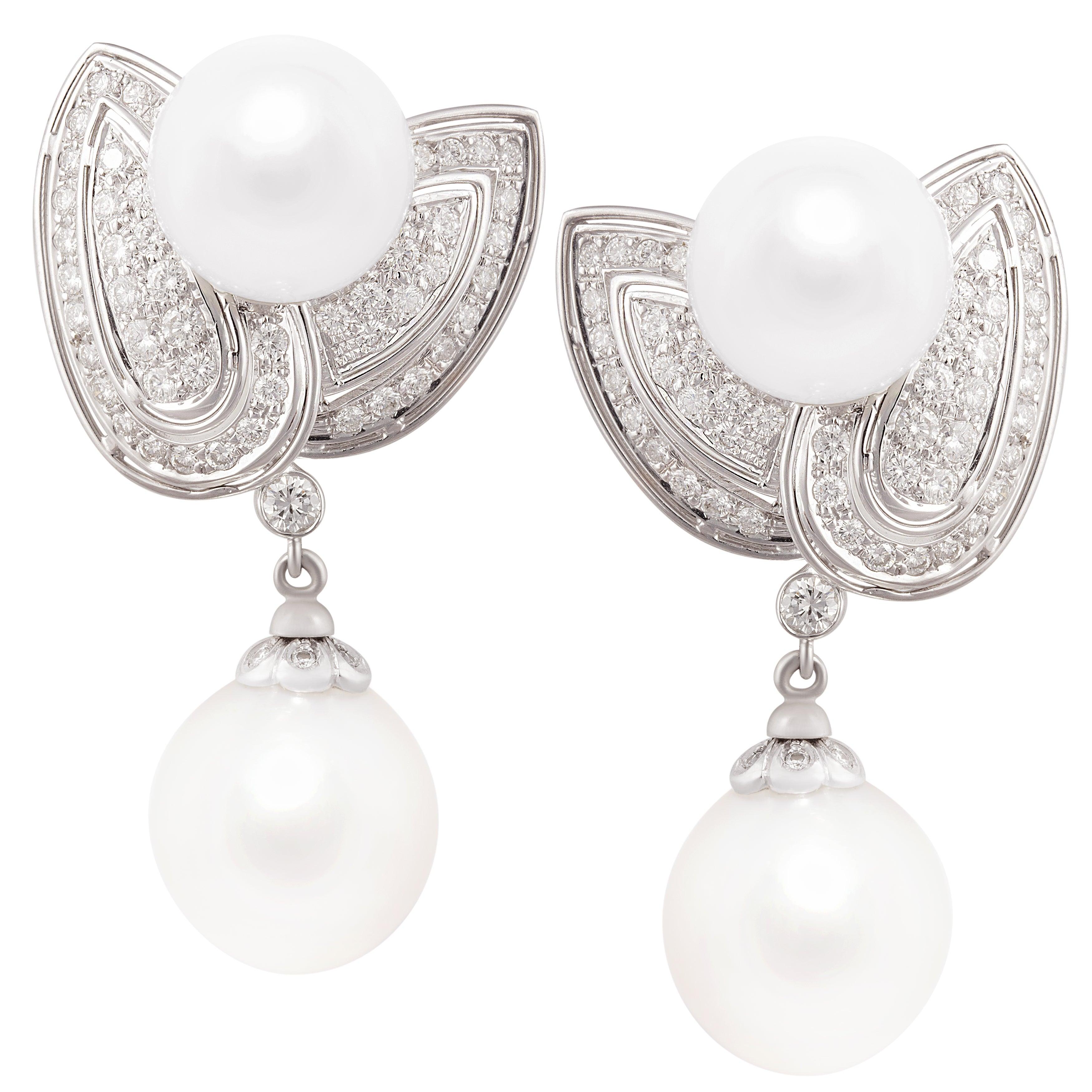 Ella Gafter South Sea Pearl Diamond Leaf Earrings For Sale