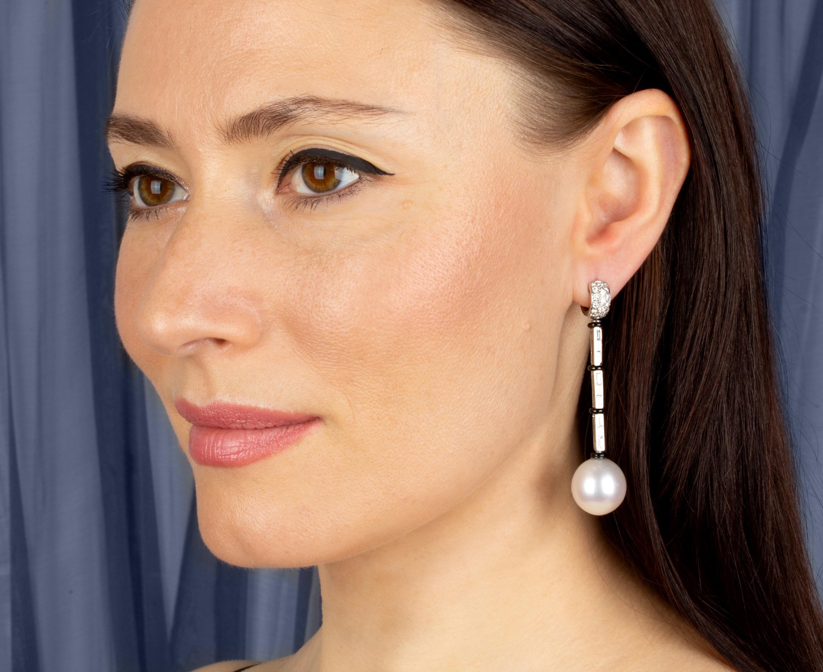 Artist Ella Gafter Art Déco style 18mm South Sea Pearl Diamond Drop Earrings For Sale