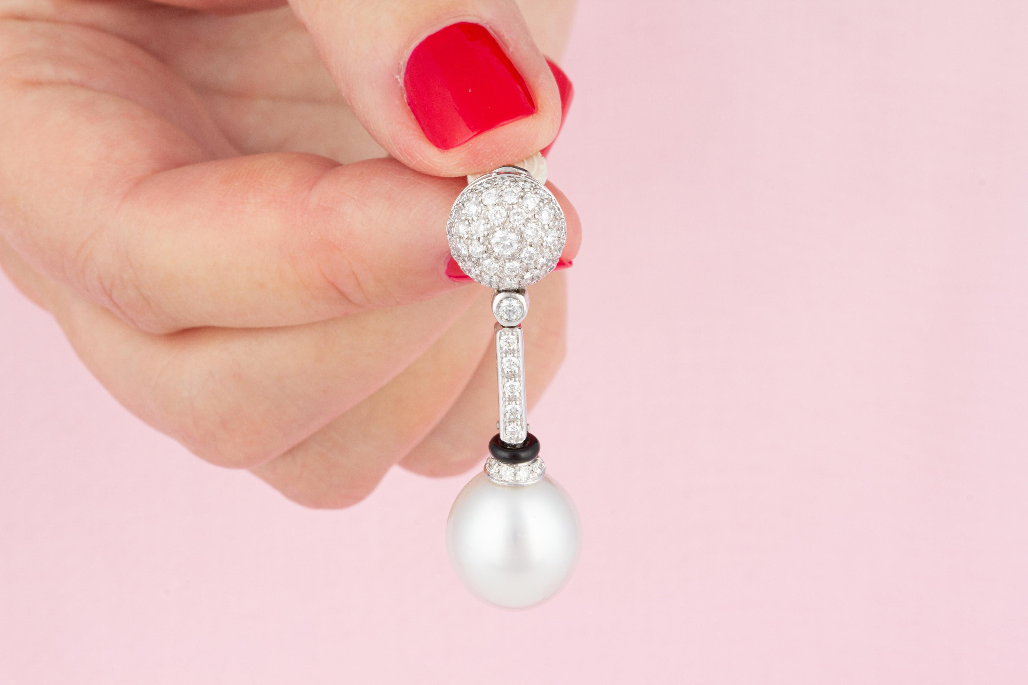 Brilliant Cut Ella Gafter South Sea Pearl Diamond Onyx Drop Earrings For Sale