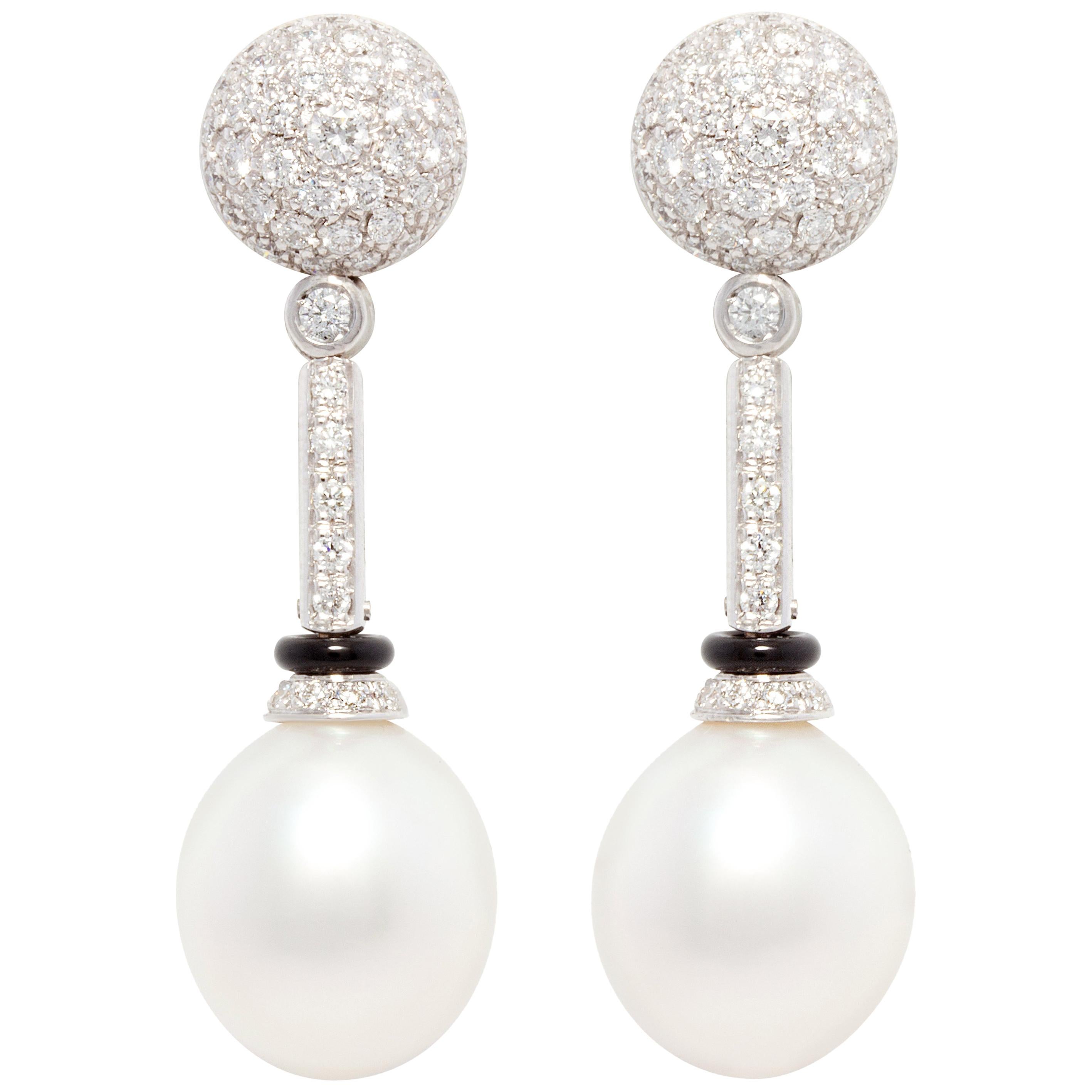 South Sea Pearl Diamond Onyx Drop Earrings Déco Design by Ella Gafter