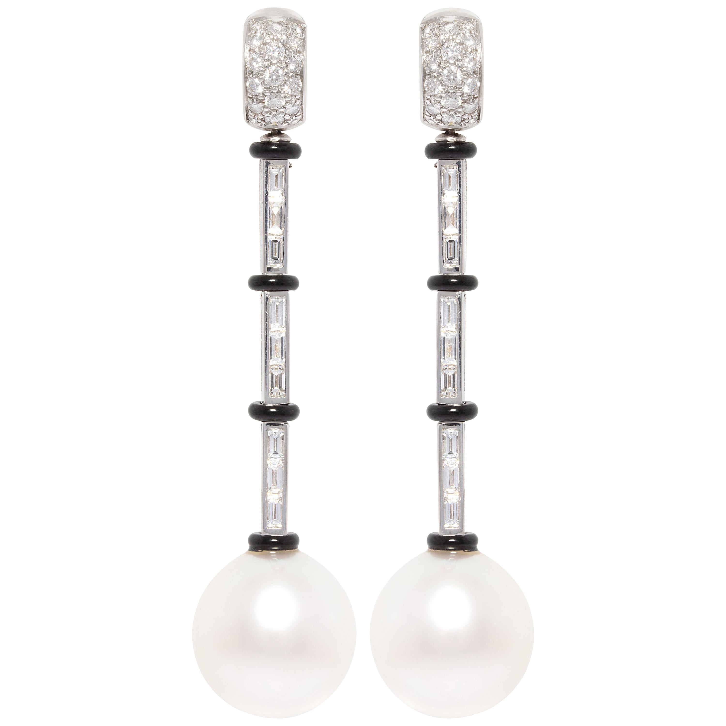 Ella Gafter Art Déco style 18mm South Sea Pearl Diamond Drop Earrings For Sale