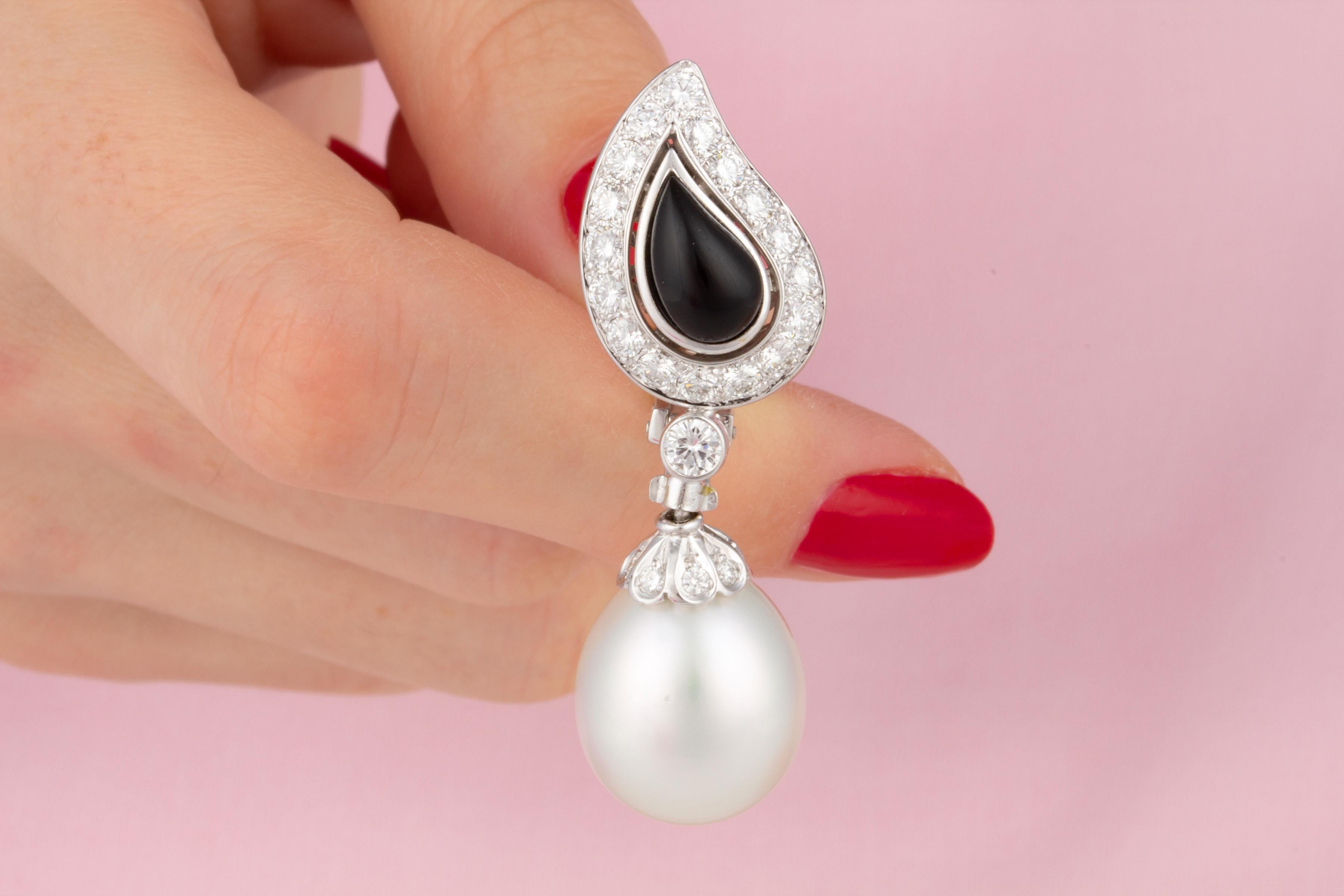 Ella Gafter South Sea Pearl Diamond Onyx Earrings For Sale 1