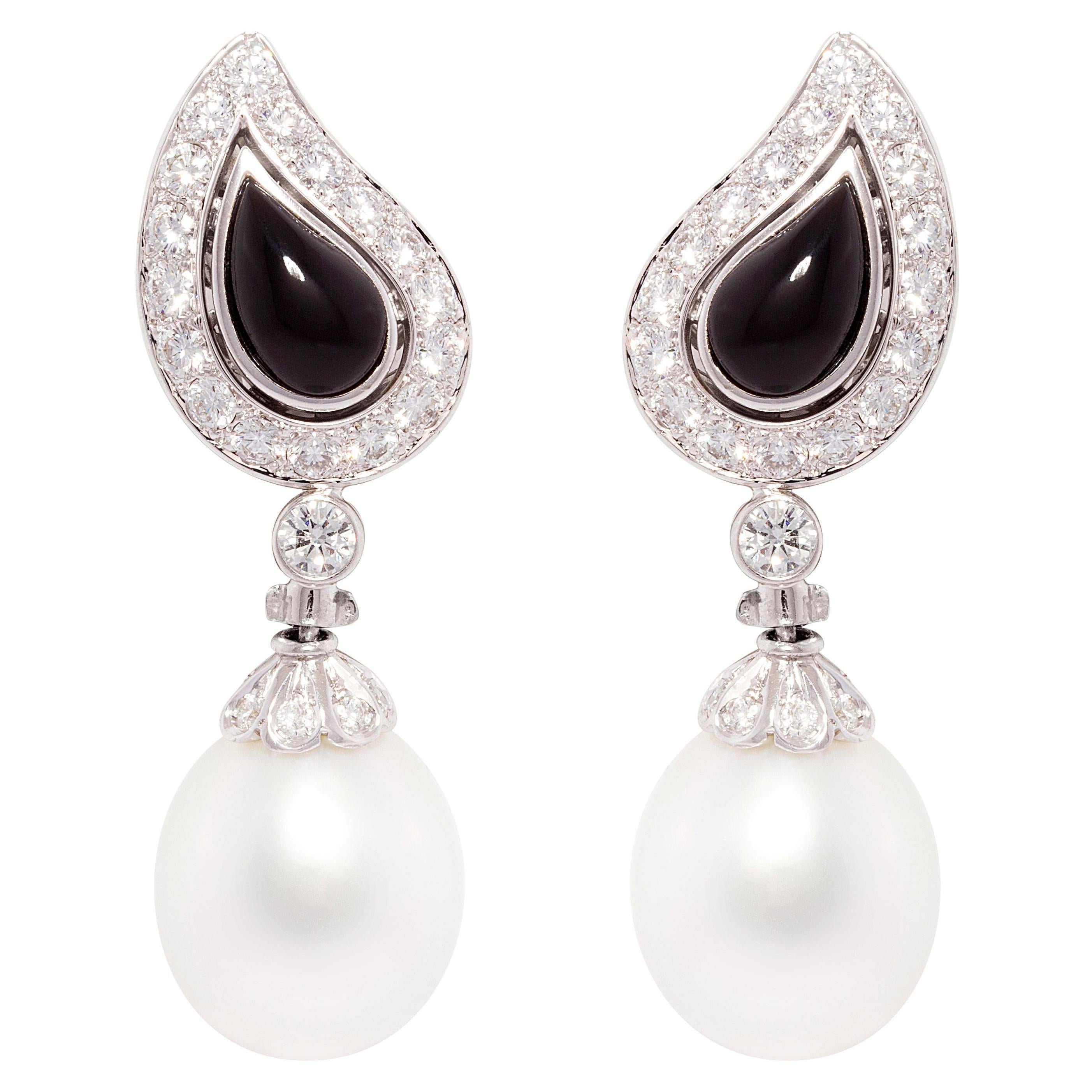 Ella Gafter South Sea Pearl Diamond Onyx Earrings For Sale
