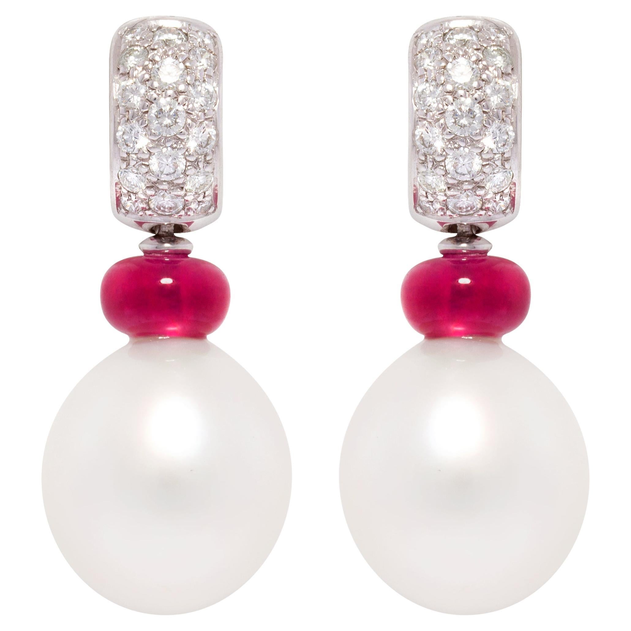 Ella Gafter South Sea Pearl Diamond Ruby Drop Earrings
