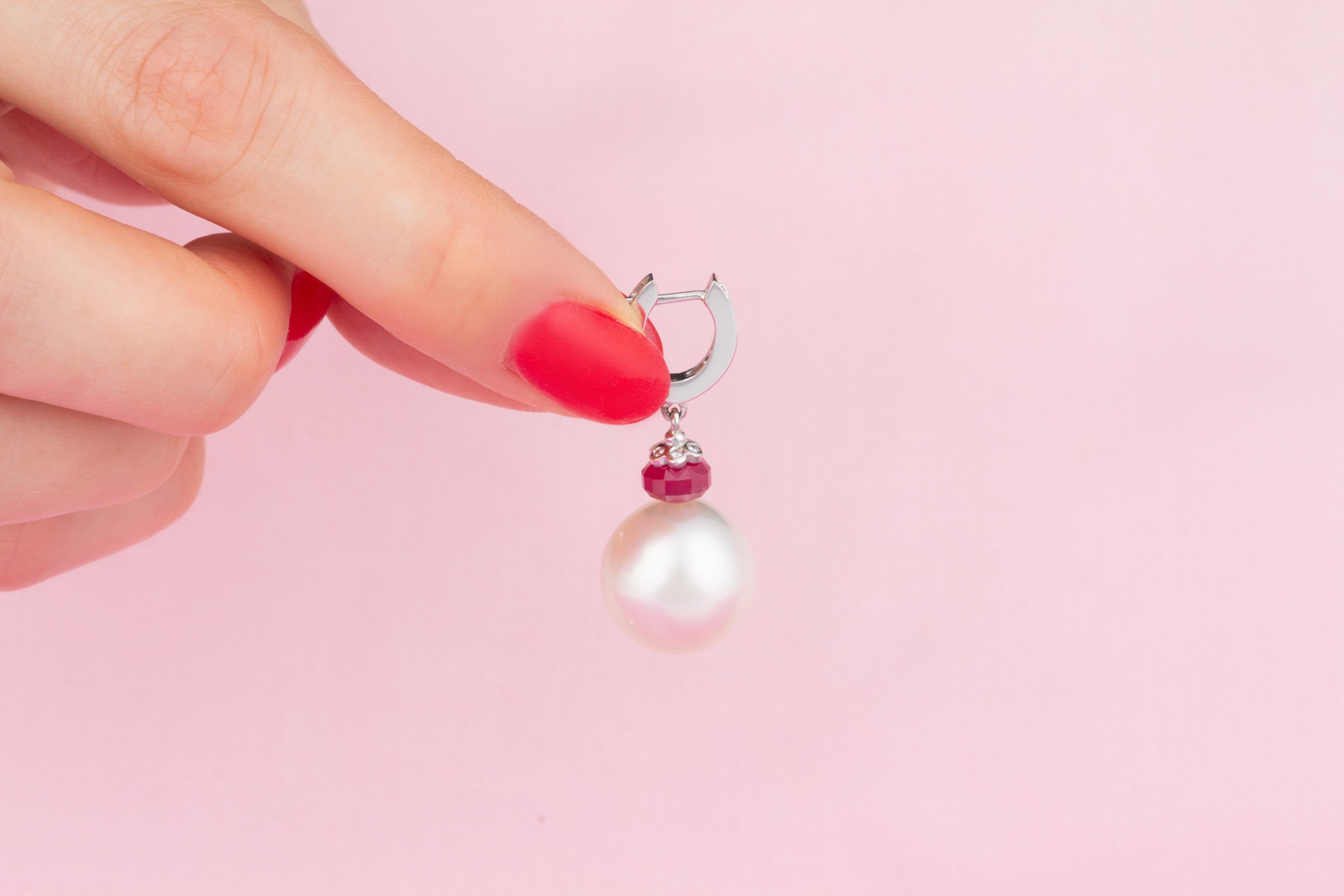 Pearl 15.5mm Diamond Drop Earrings Hoop Design by Ella Gafter In New Condition For Sale In New York, NY