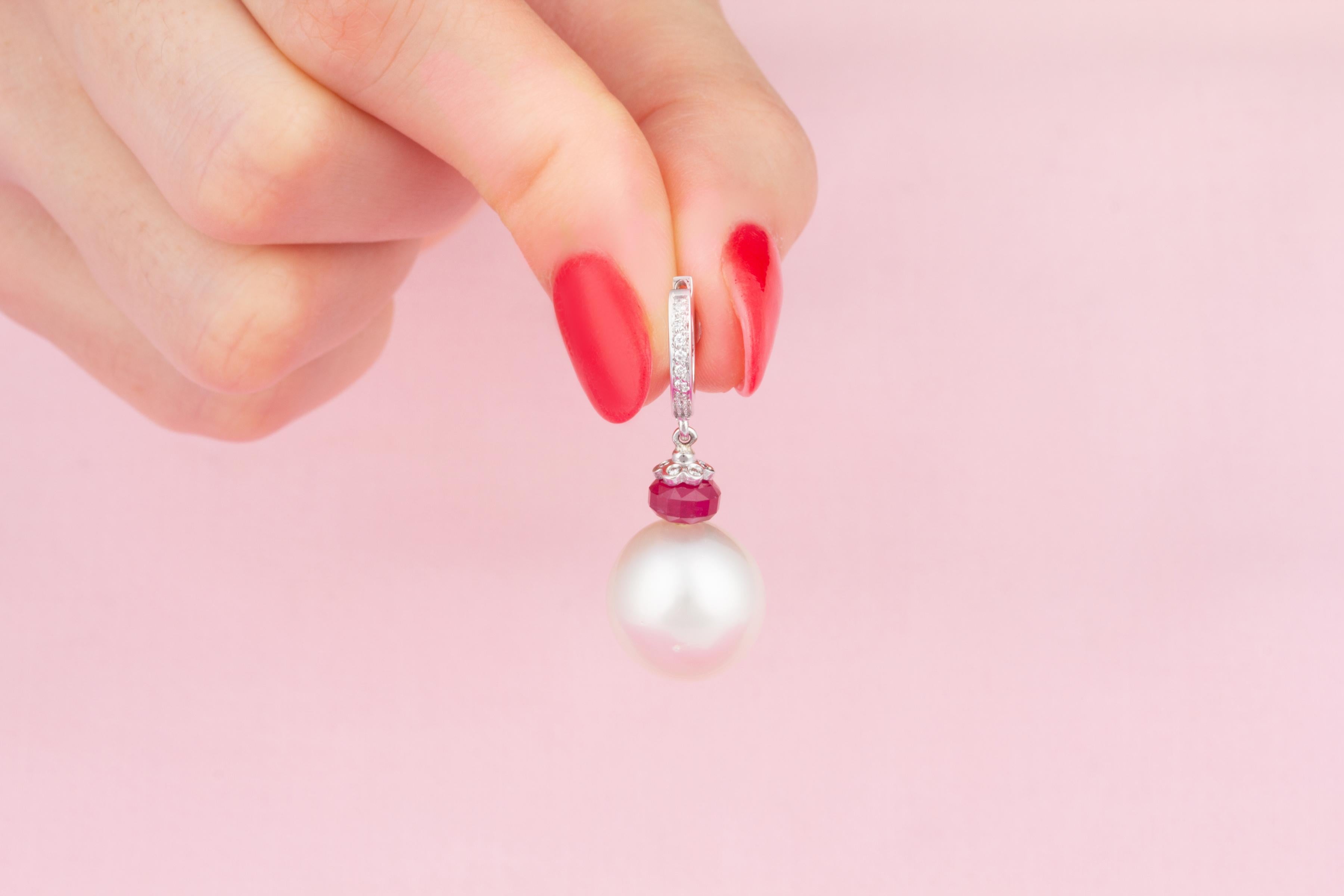 Women's Ella Gafter South Sea Pearl Diamond Ruby Hoop Earrings  For Sale