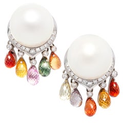 South Sea Pearl 16mm Diamond Sapphire Clip On Earrings Design by Ella Gafter