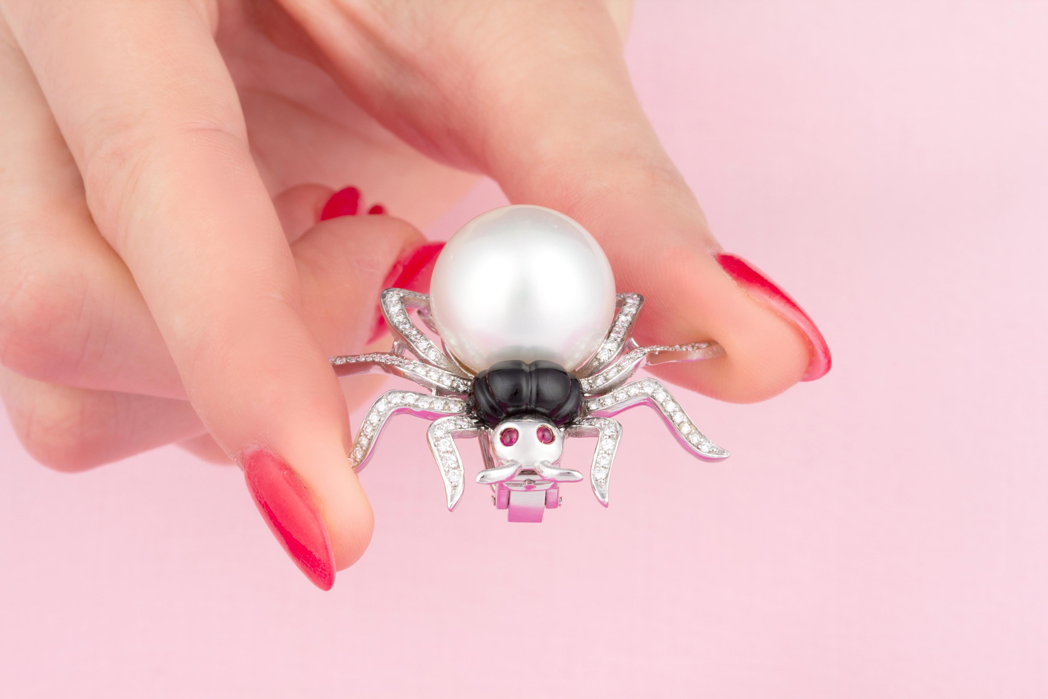 Artist Ella Gafter South Sea Pearl Diamond Spider Brooch Pin For Sale