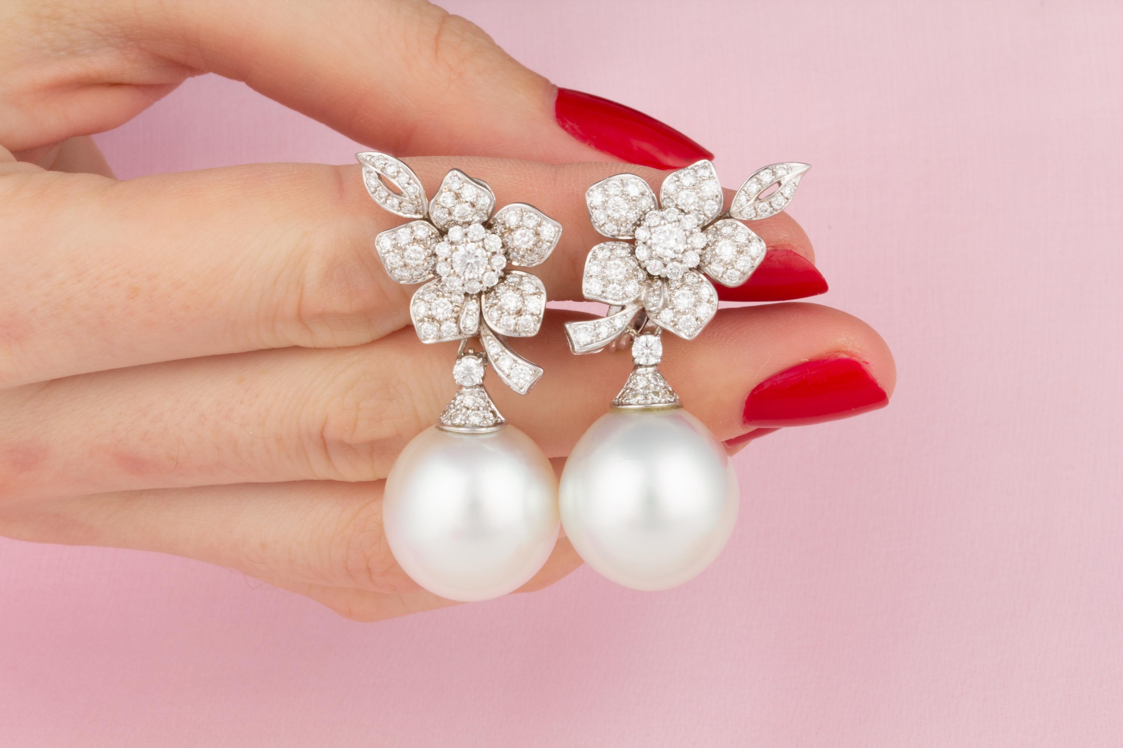 Brilliant Cut Ella Gafter 18.5mm Pearl Diamond Flower Earrings