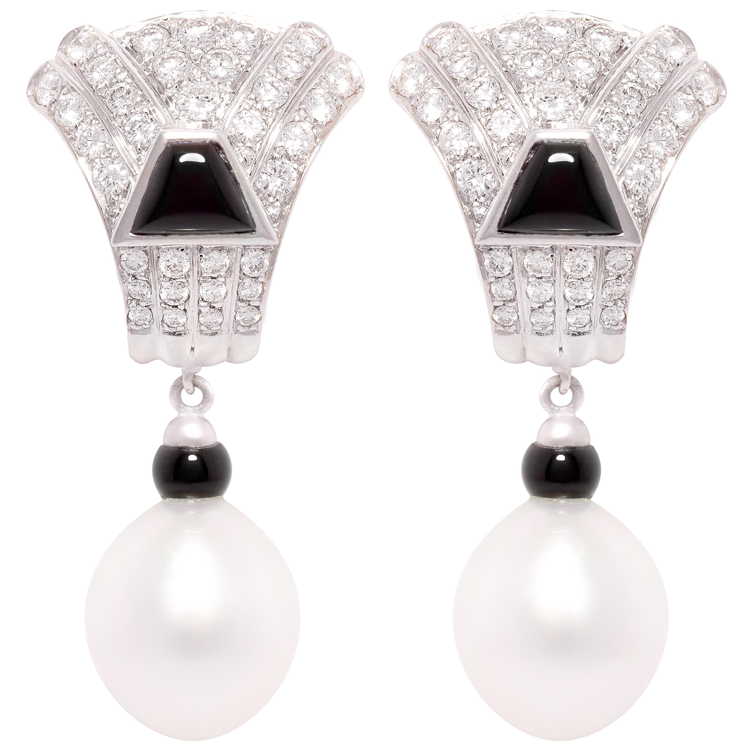 South Sea Pearl Diamond Onyx Drop Earrings Art Deco Style Design by Ella Gafter
