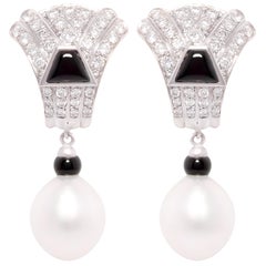 Ella Gafter Art Déco style South Sea Pearl Diamond Onyx  Drop Earrings