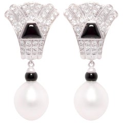 Ella Gafter Style Art Déco Perle des mers du Sud Diamant Onyx  Boucles d'oreilles goutte d'eau