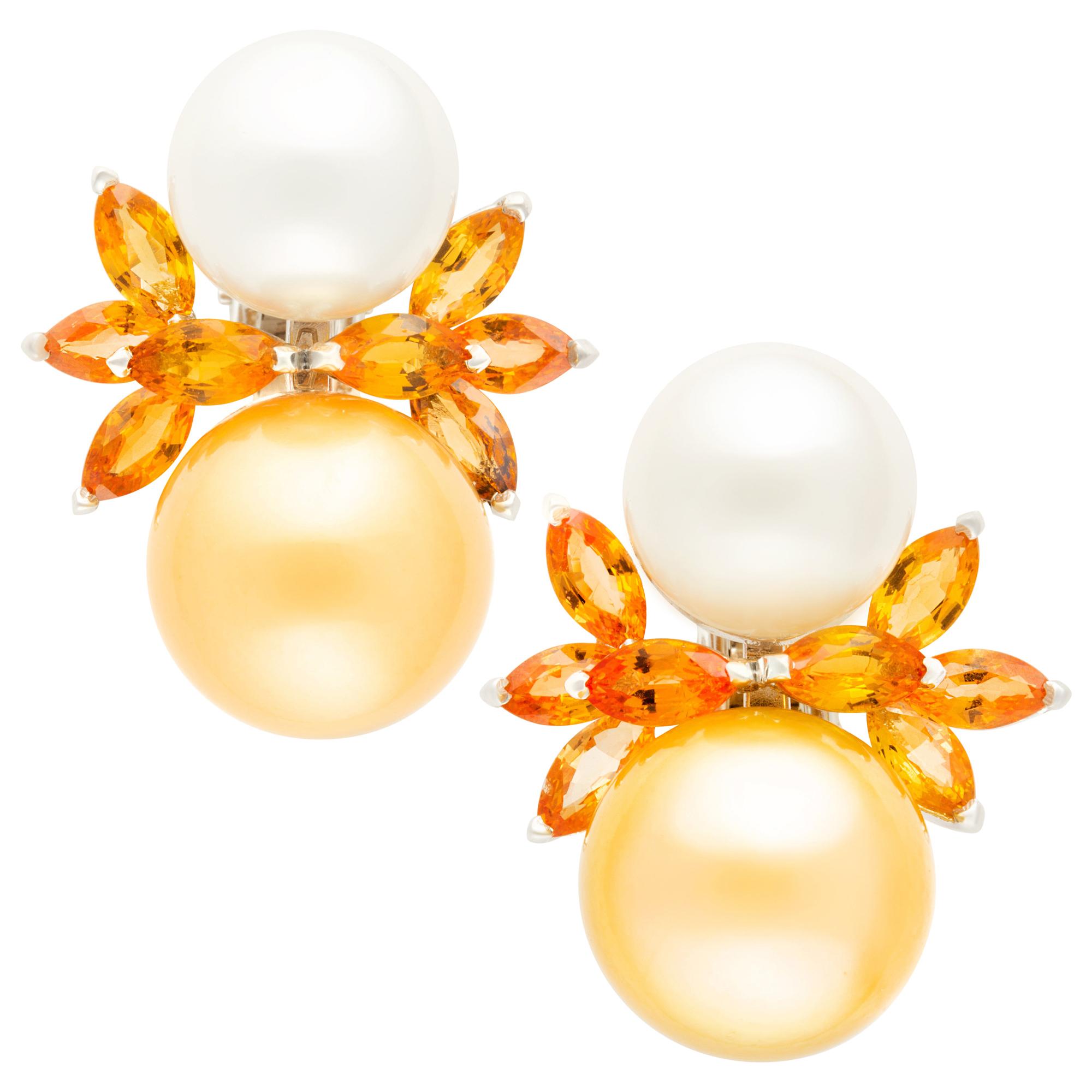 White and Golden Pearl Clip-On Earrings Yellow Sapphire Design by Ella Gafter For Sale
