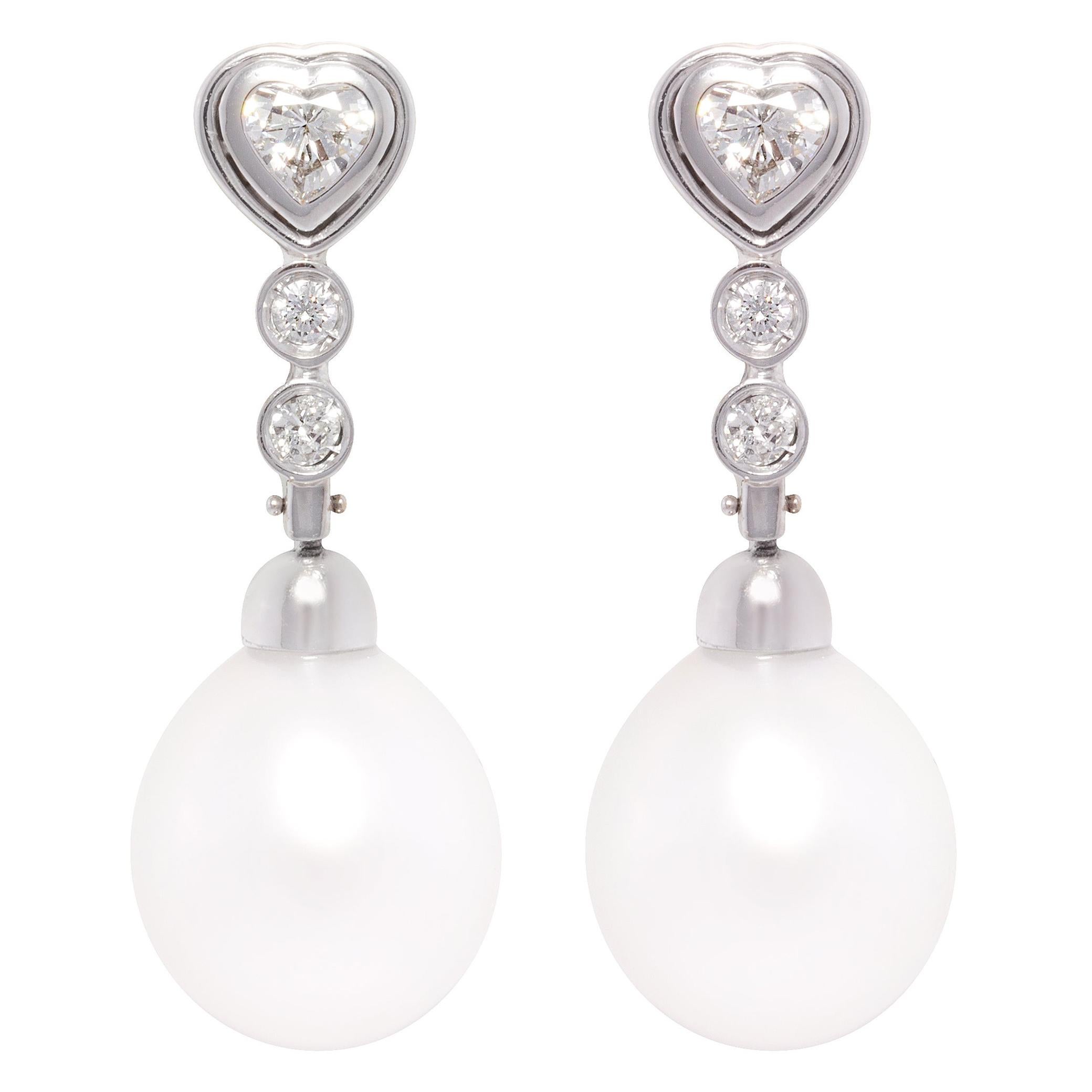 Ella Gafter Heart Shape Diamond Pearl Drop Earrings  For Sale