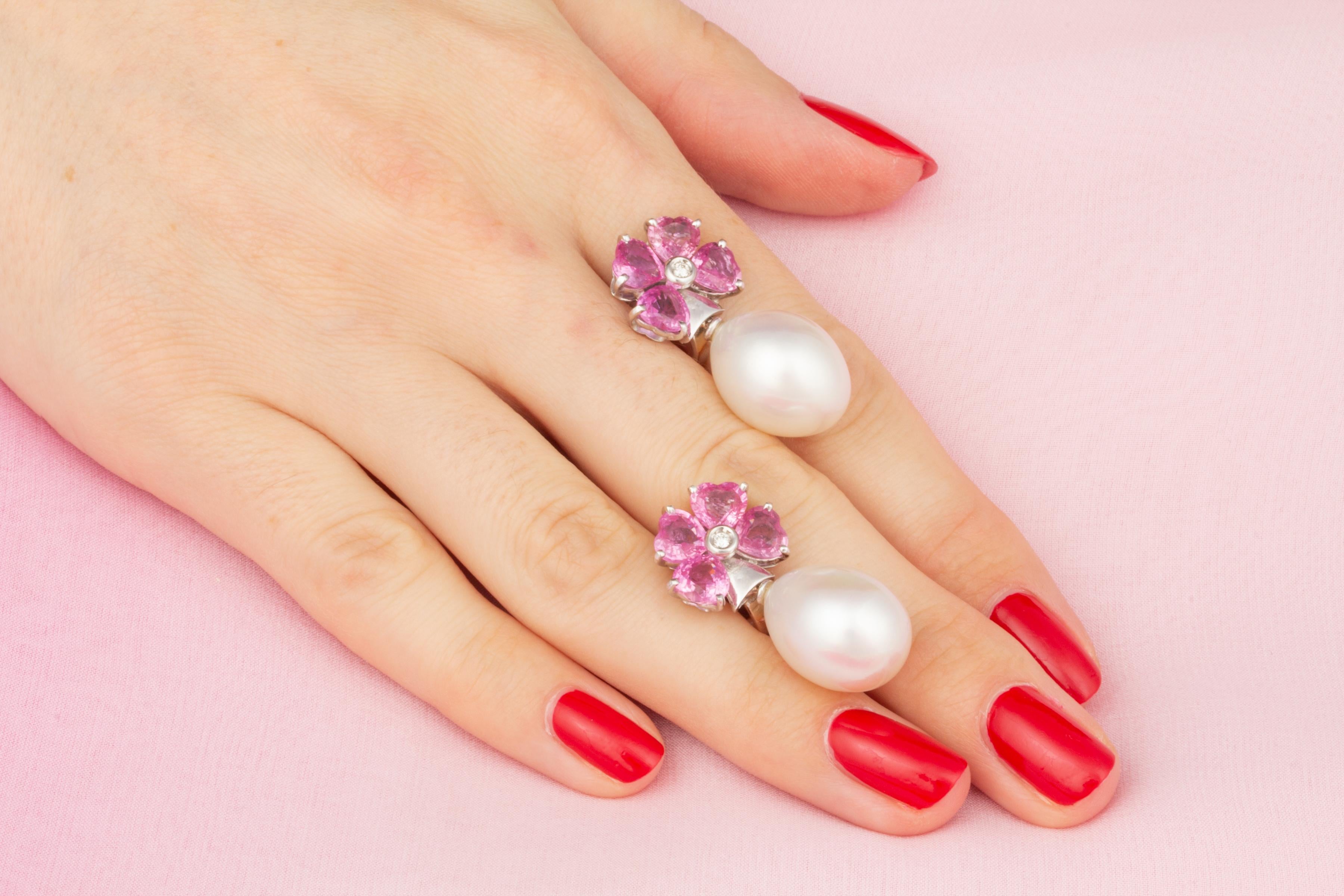 Artist Heart Shape Pink Sapphire Pearl Diamond Earrings Flower Design by Ella Gafter For Sale