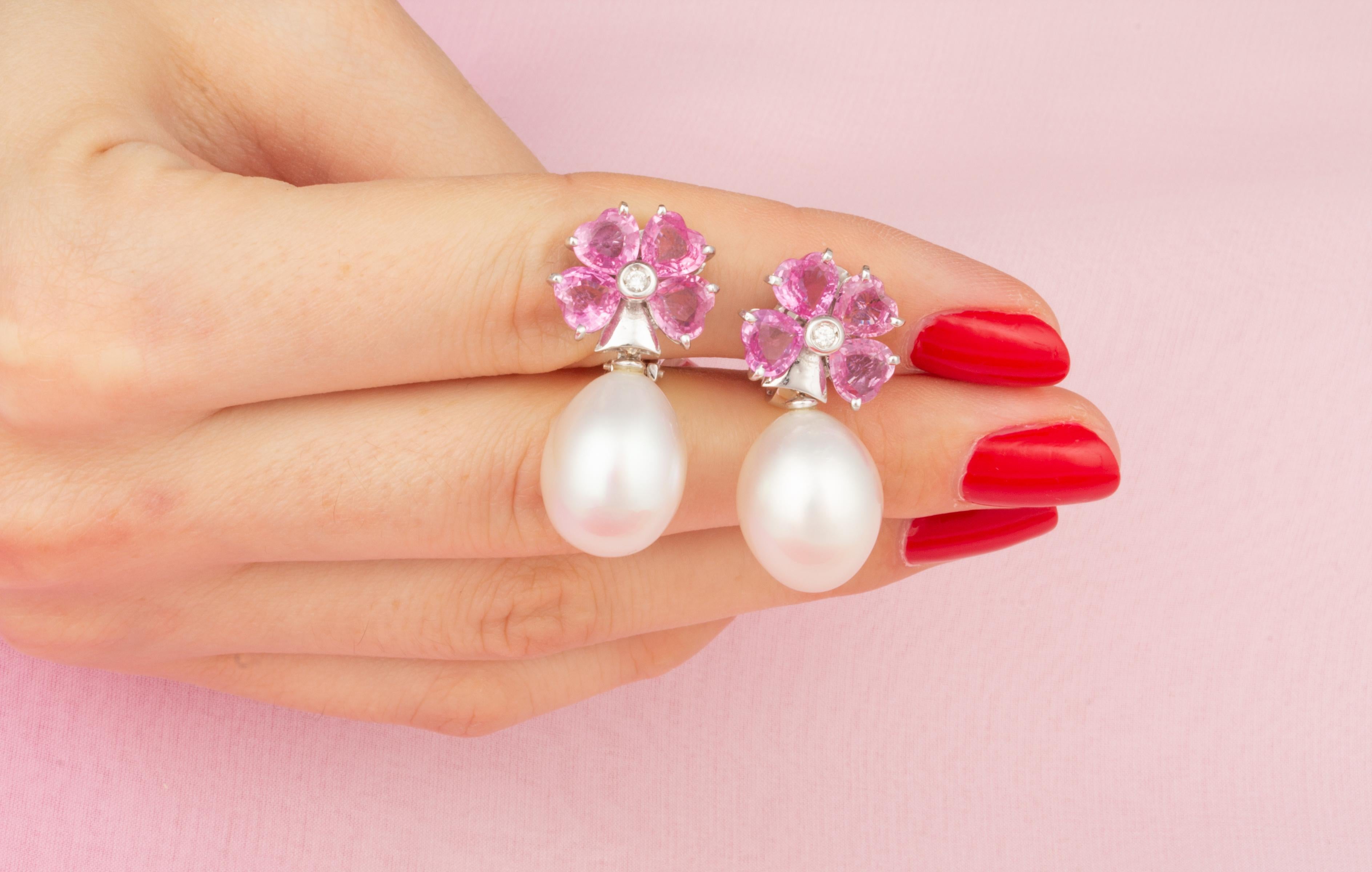 Heart Cut Heart Shape Pink Sapphire Pearl Diamond Earrings Flower Design by Ella Gafter For Sale
