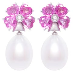 Heart Shape Pink Sapphire Pearl Diamond Earrings Flower Design by Ella Gafter